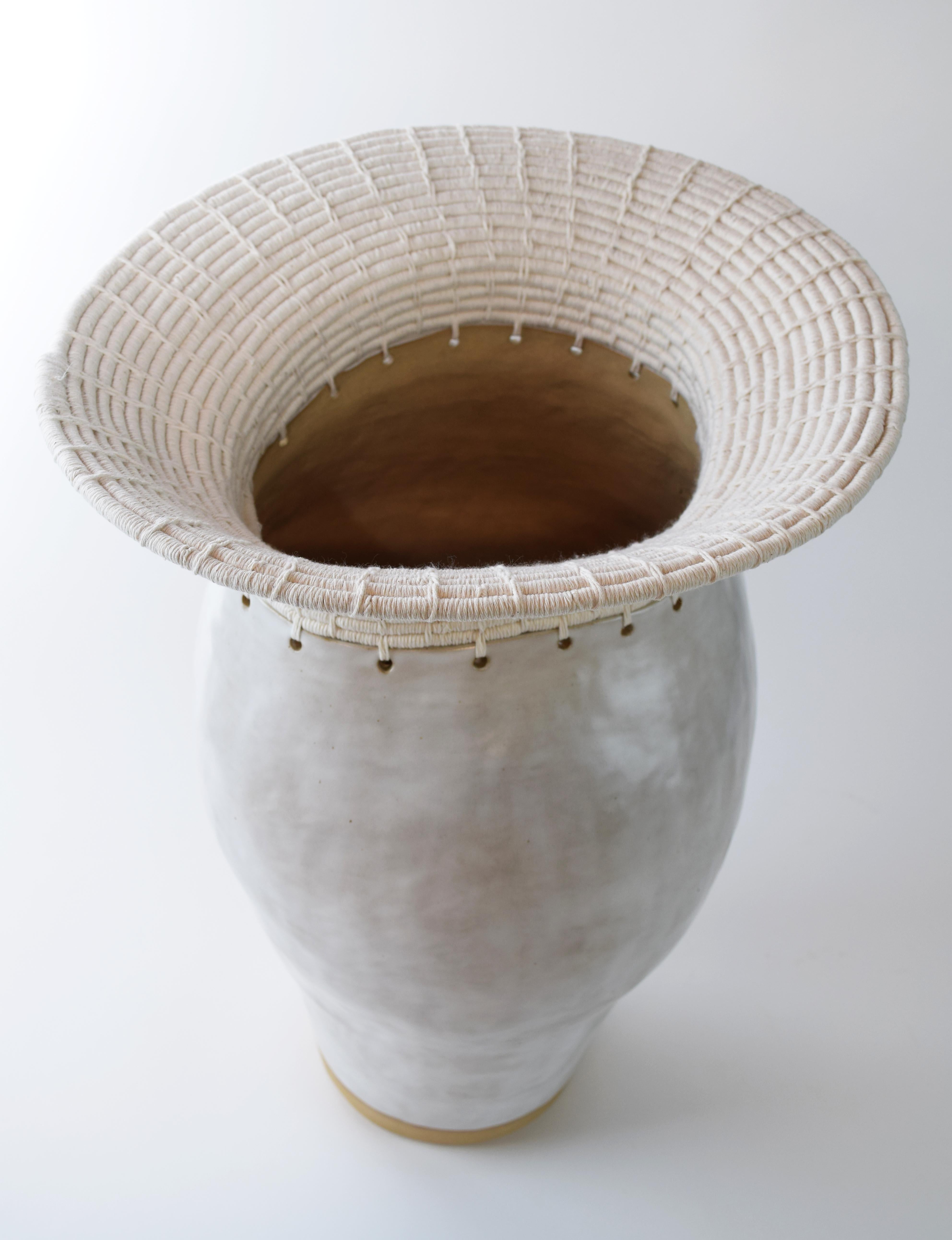 Hand-Crafted One of a Kind Asymmetrical Ceramic Vessel #771, White Glaze and Woven Cotton For Sale