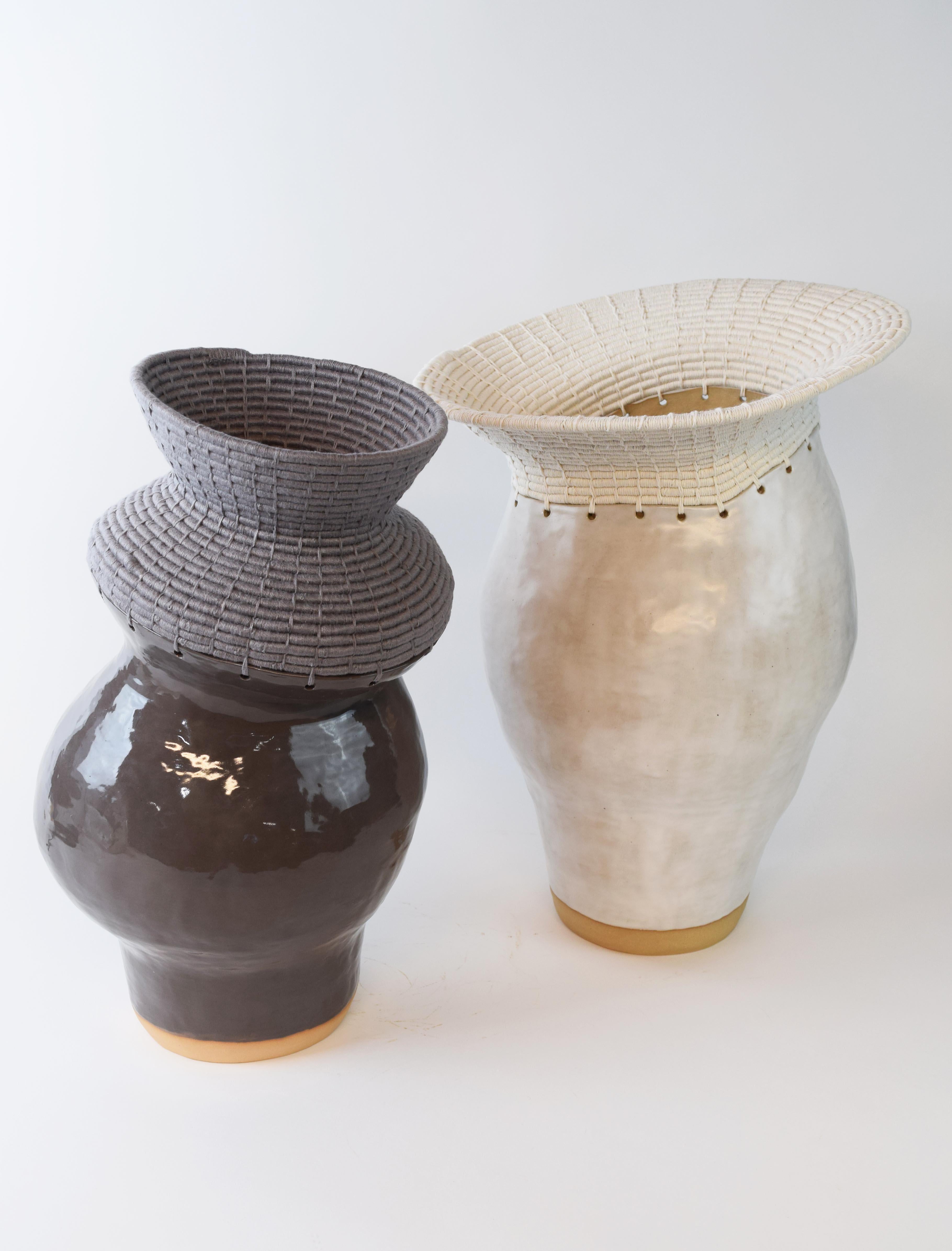 Contemporary One of a Kind Asymmetrical Ceramic Vessel #771, White Glaze and Woven Cotton For Sale