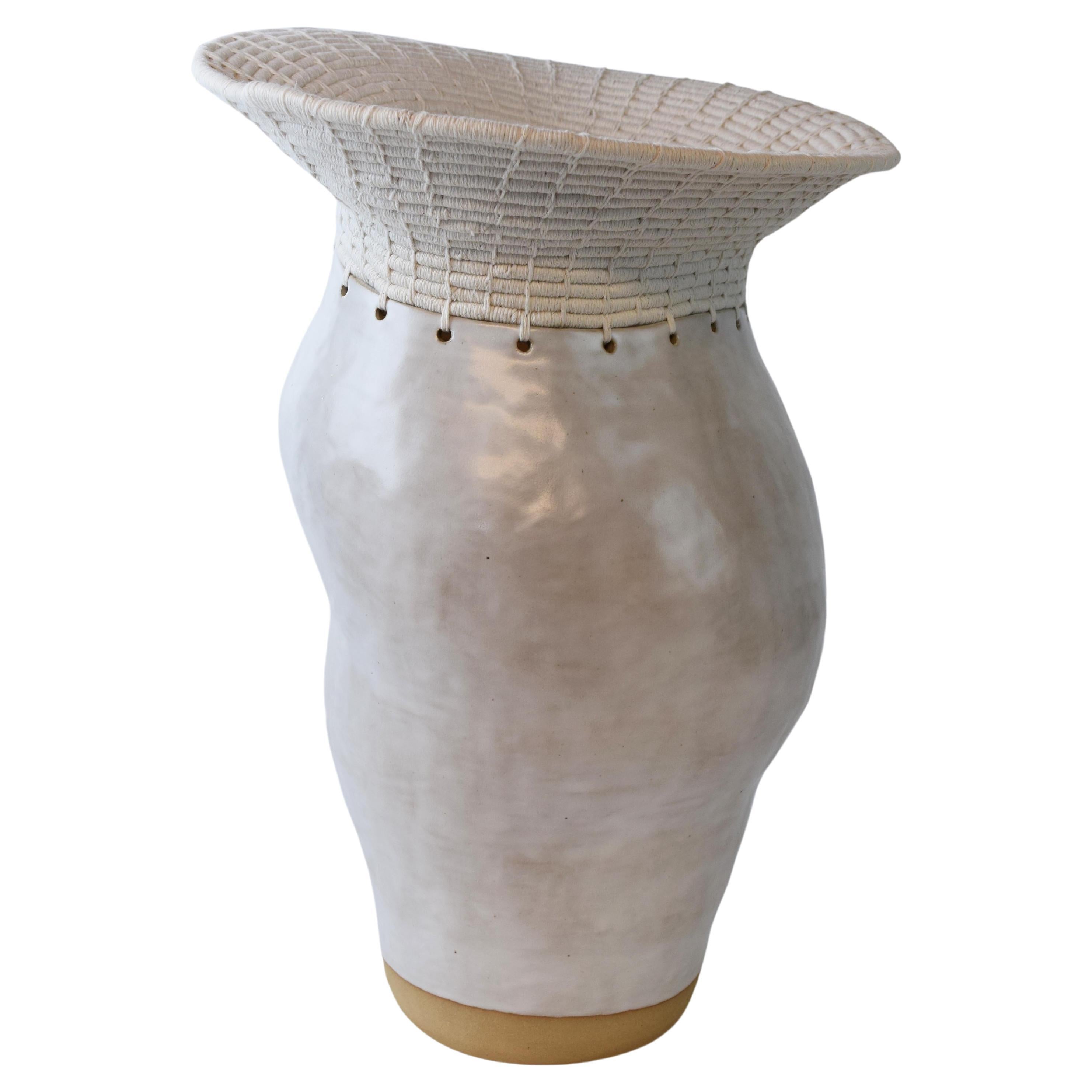 One of a Kind Asymmetrical Ceramic Vessel #771, White Glaze and Woven Cotton For Sale
