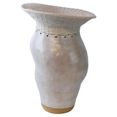 One of a Kind Asymmetrical Ceramic Vessel #771, White Glaze and Woven Cotton