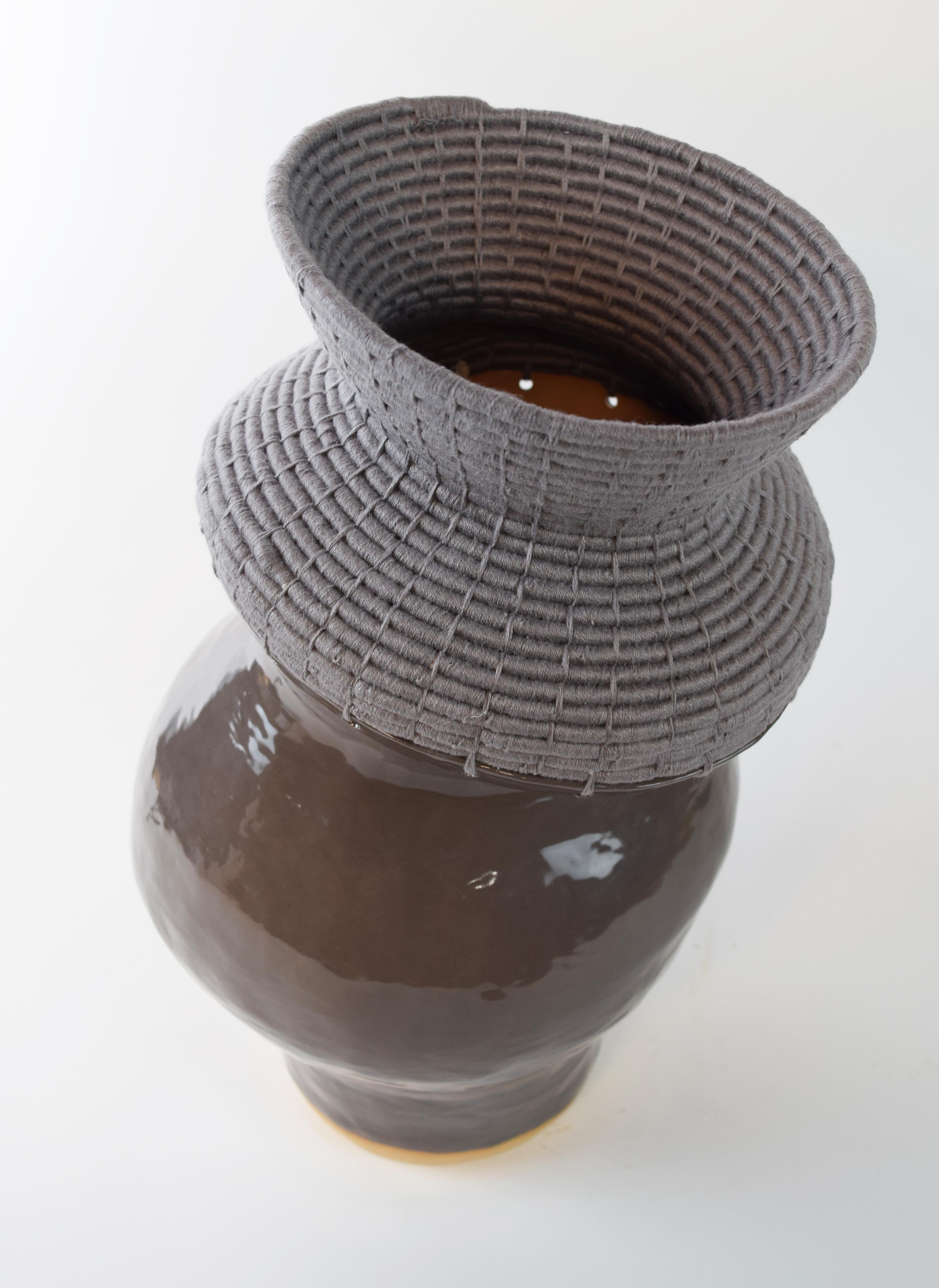 Organic Modern One of a Kind Asymmetrical Ceramic Vessel #772, Charcoal Glaze Woven Gray Cotton For Sale