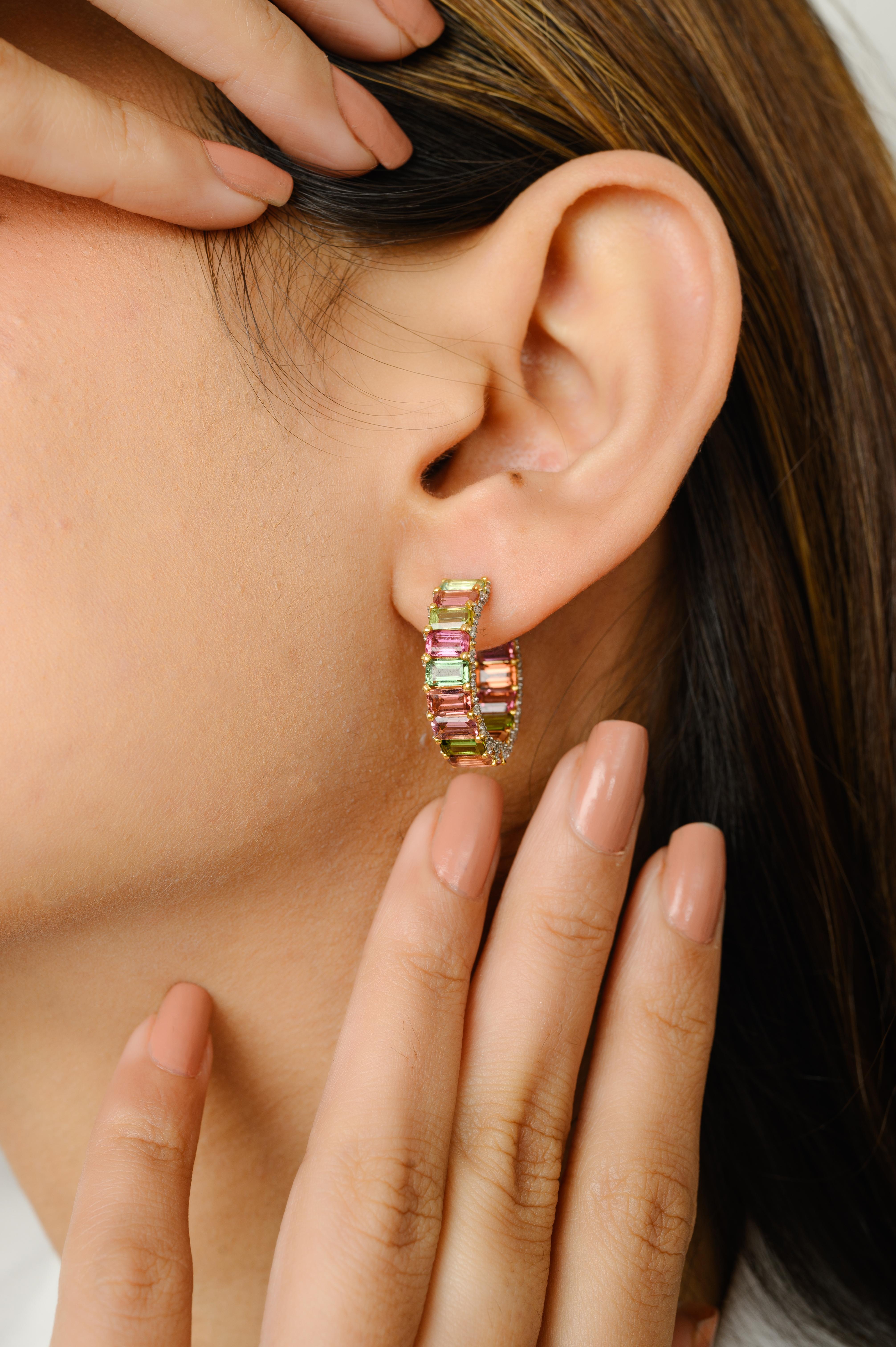 One-of-a-kind Baguette Cut Multi Tourmaline and Diamond C-Hoop Earrings in 14K Gold to make a statement with your look. You shall need small hoops earrings to make a statement with your look. These earrings create a sparkling, luxurious look