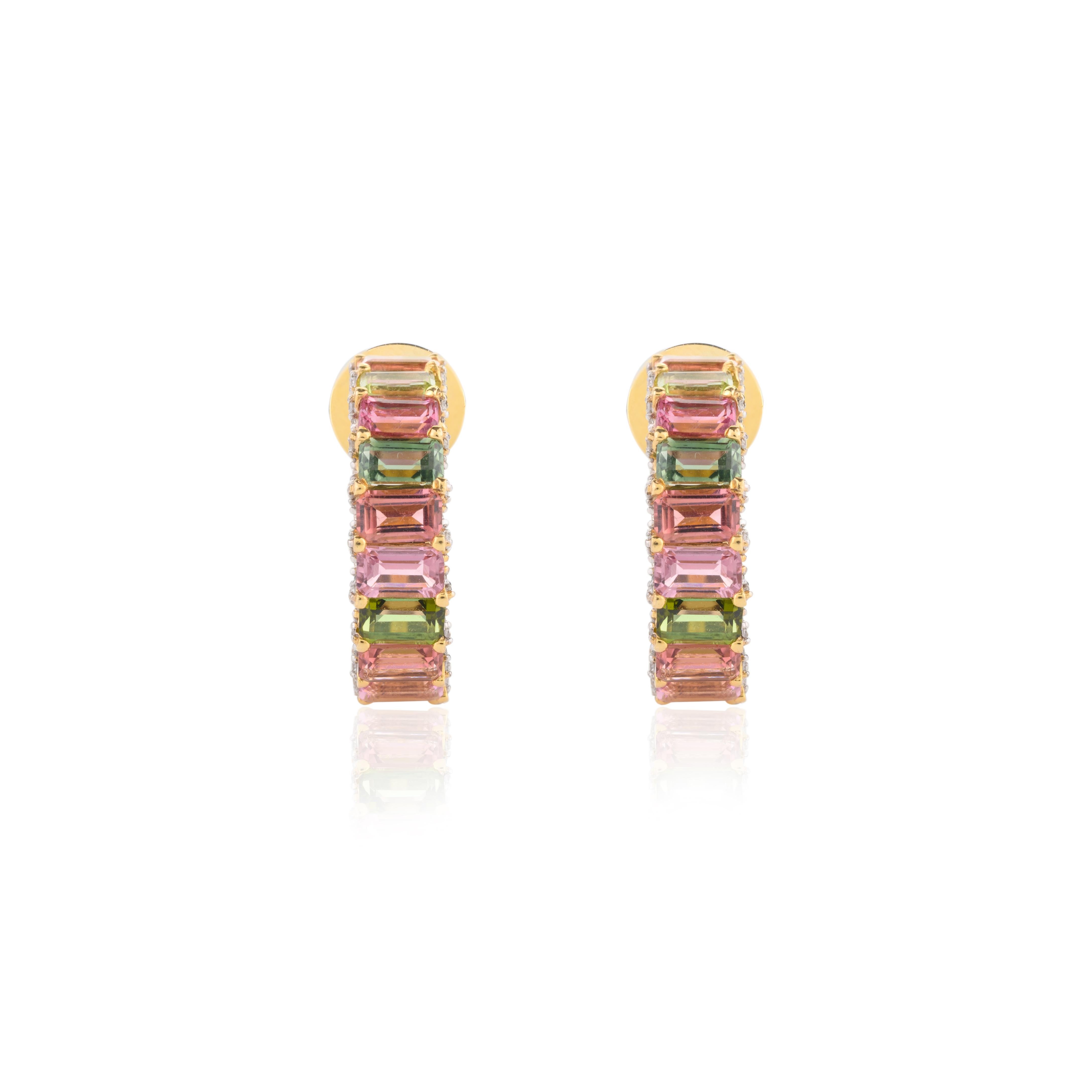 Modernist One-of-a-Kind Baguette Tourmaline and Diamond C-Hoop Earrings 14k Yellow Gold For Sale