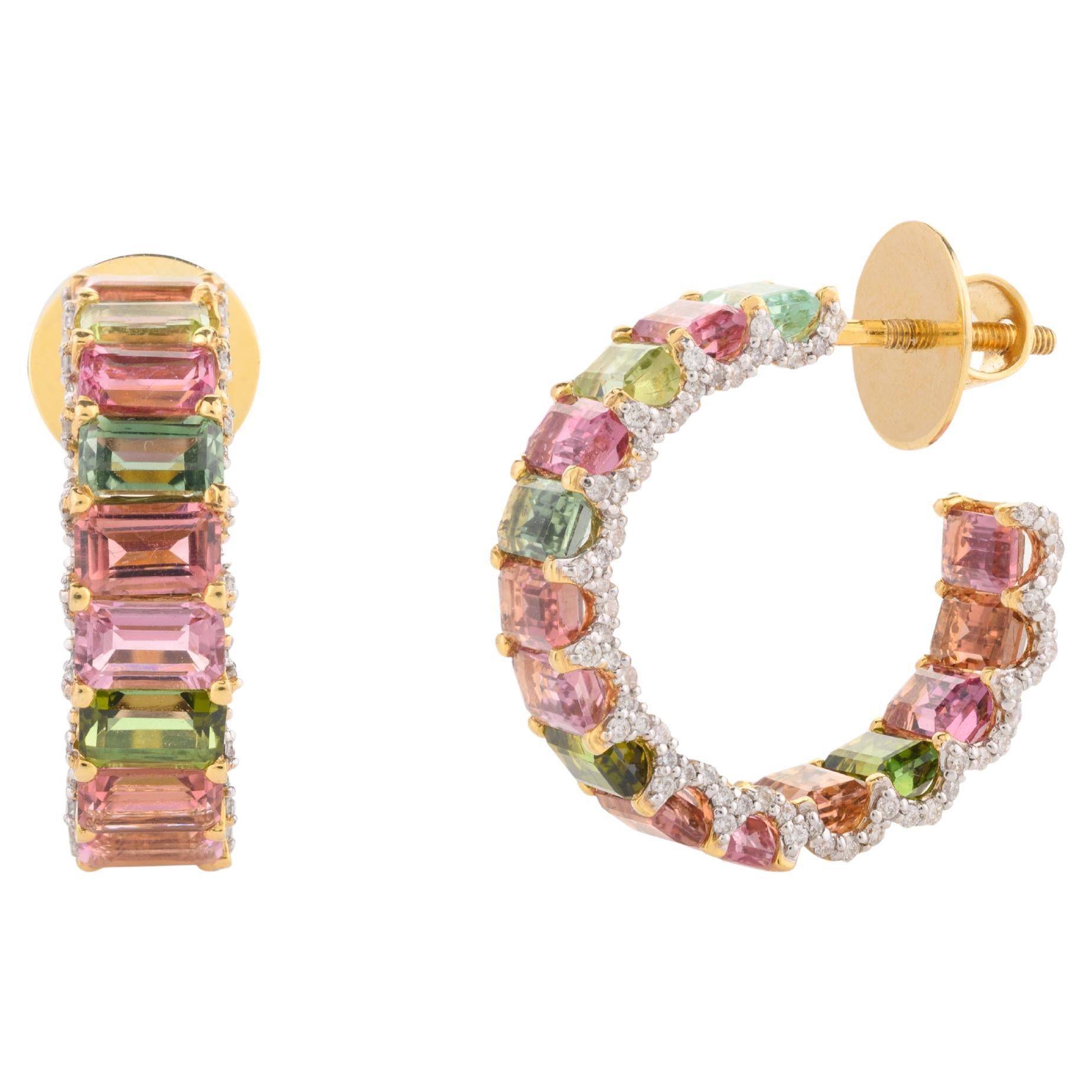 One-of-a-Kind Baguette Tourmaline and Diamond C-Hoop Earrings 14k Yellow Gold For Sale