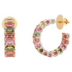 One-of-a-Kind Baguette Tourmaline and Diamond C-Hoop Earrings 14k Yellow Gold