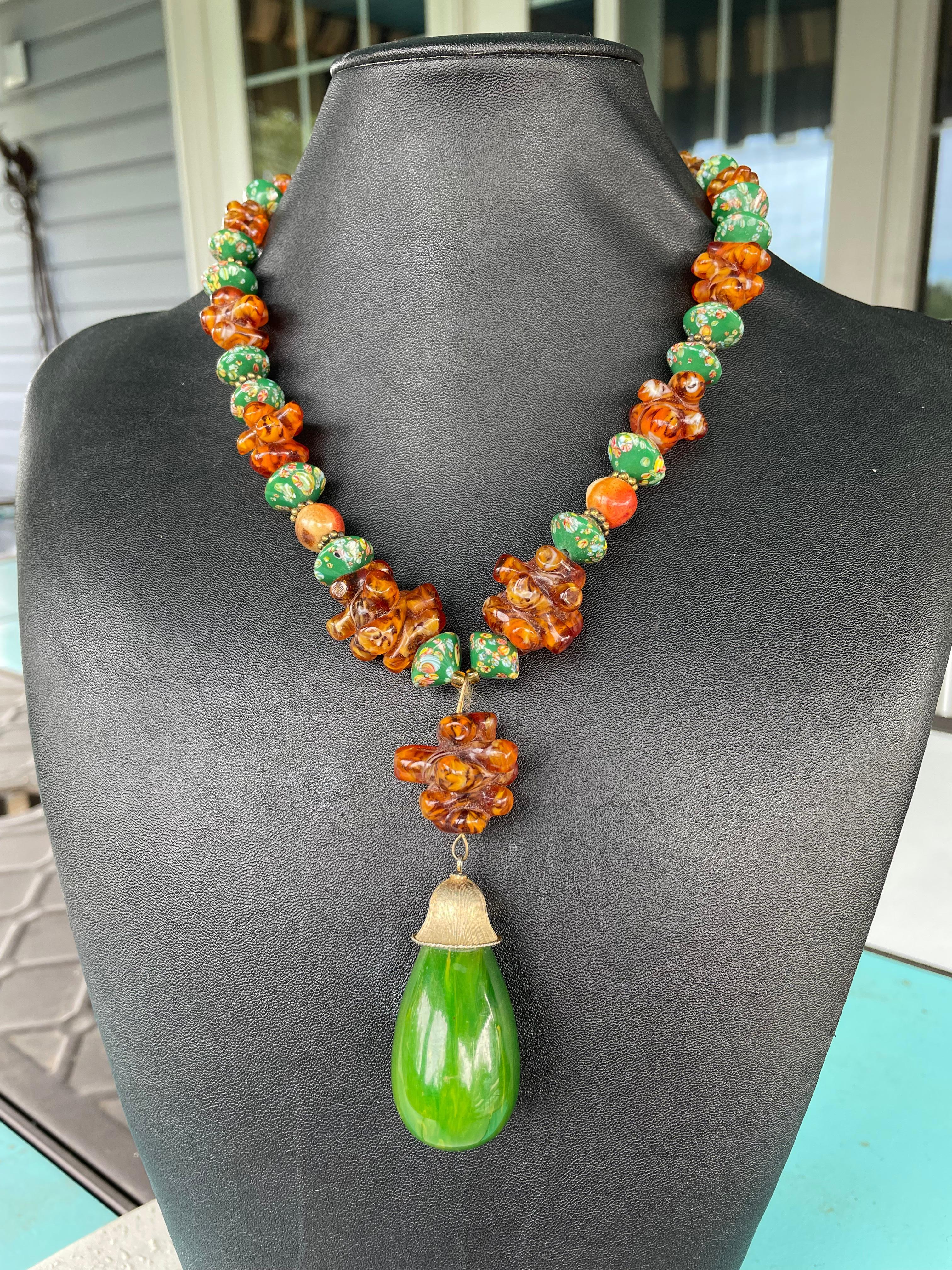 Women's One of a kind Bakelite and vintage glass necklace For Sale
