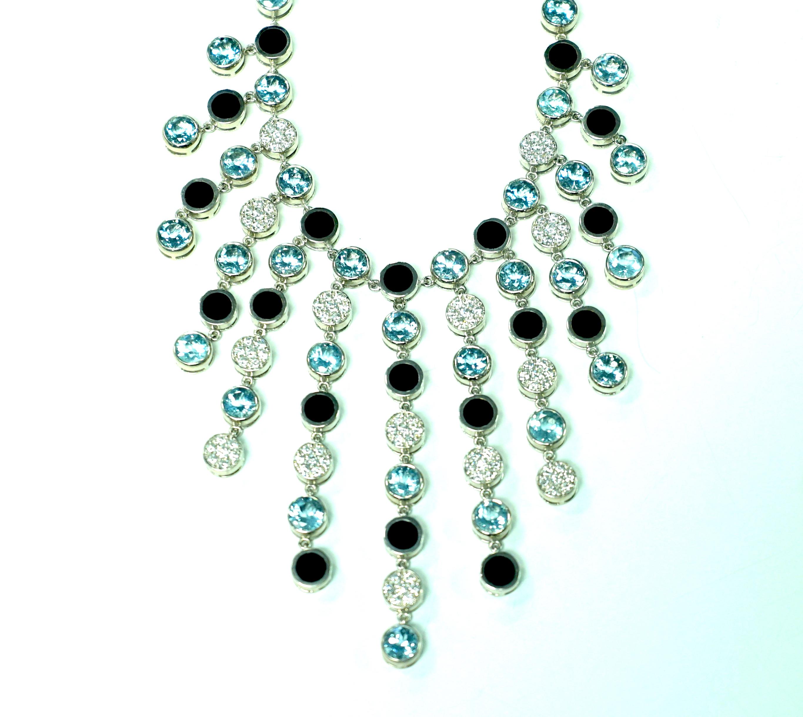 One of a Kind Bernard Passman White Gold Diamond Aquamarine Black Onyx Necklace 5