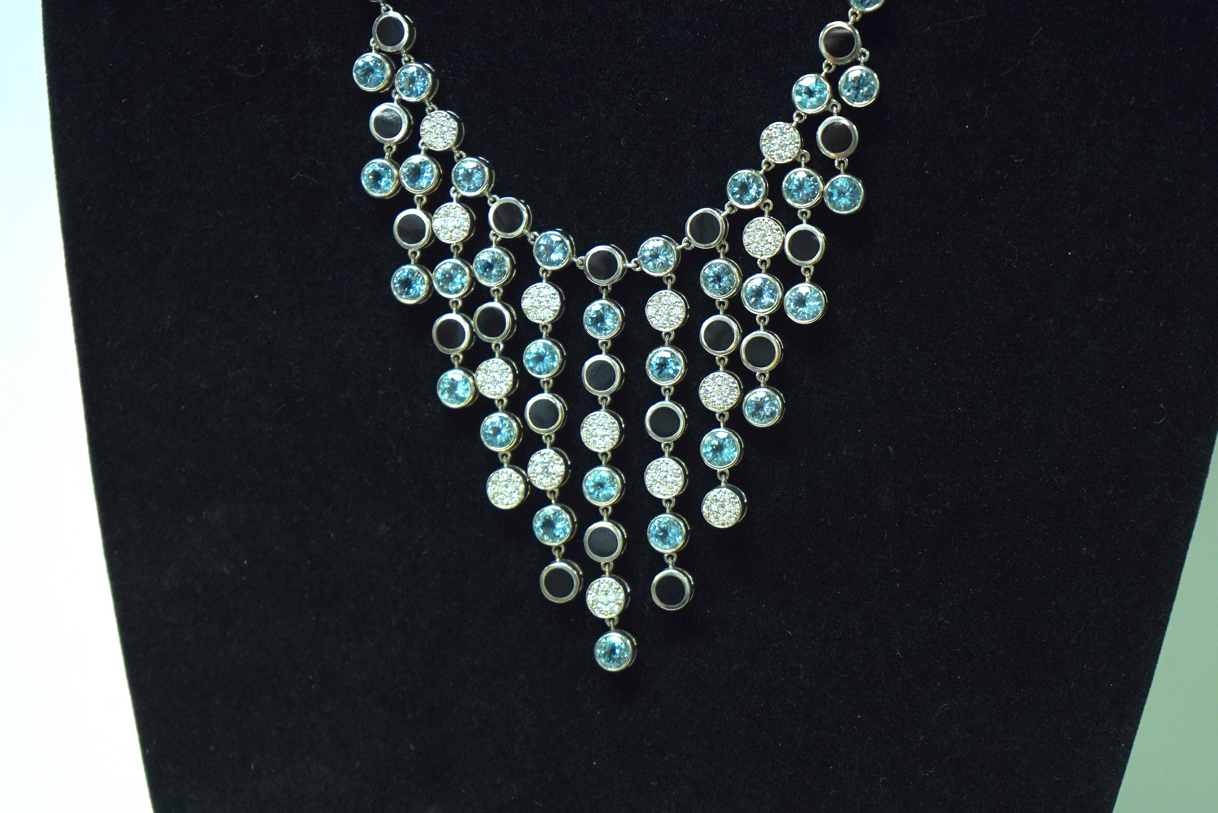 One of a Kind Bernard Passman White Gold Diamond Aquamarine Black Onyx Necklace In Good Condition In Dallas, TX