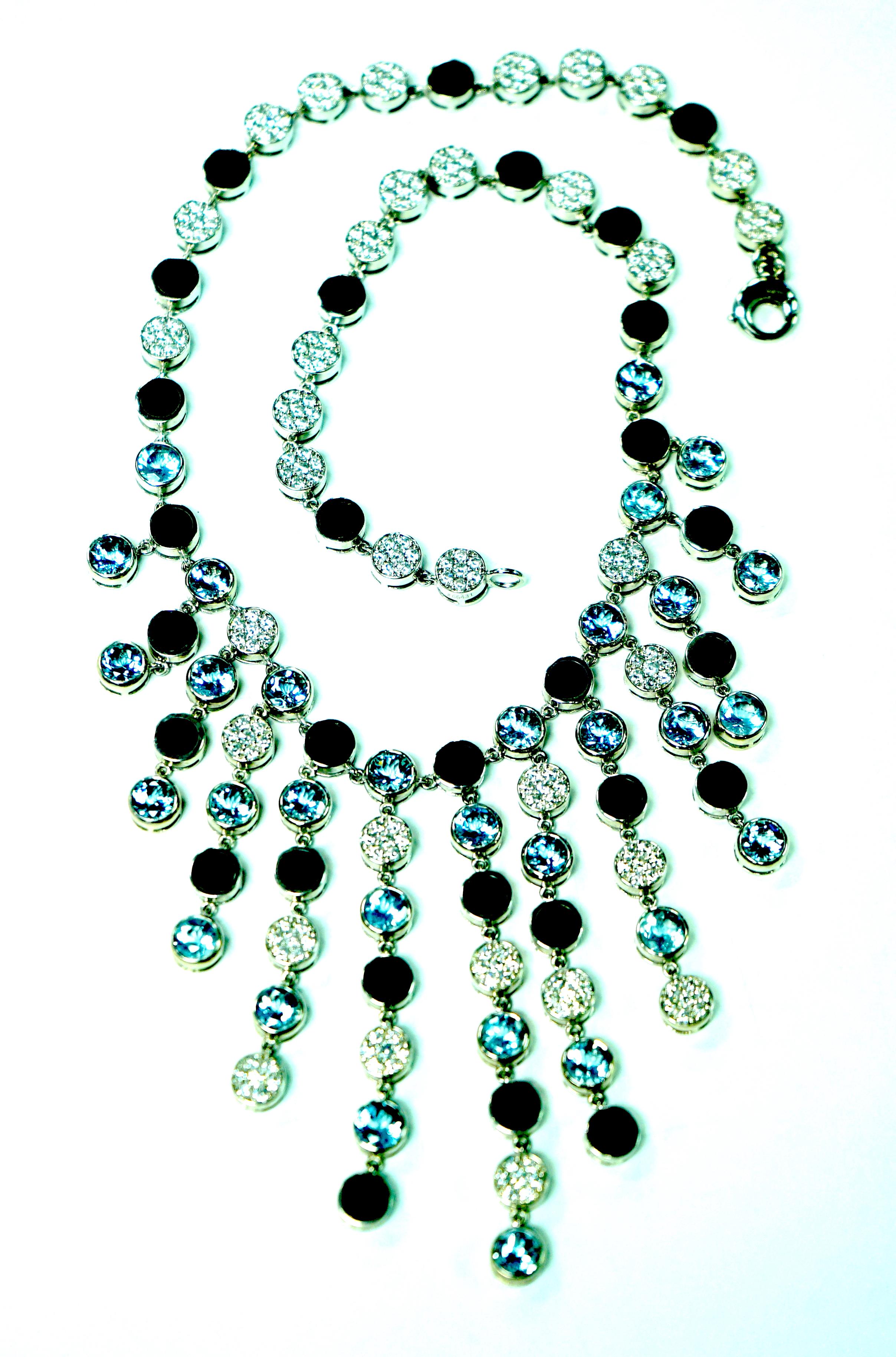 One of a Kind Bernard Passman White Gold Diamond Aquamarine Black Onyx Necklace 2