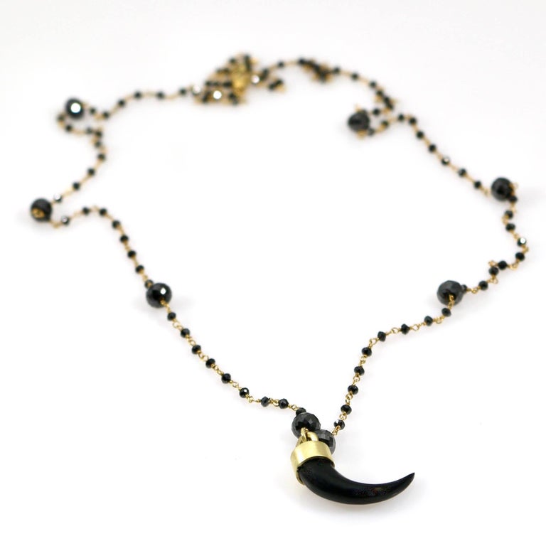 One of a Kind Black Diamond, Gold and Buffalo Horn Necklace from Contemporary Native artist Keri Ataumbi

About the Designer:

Raised on the Wind River Reservation in Wyoming, Keri Ataumbi was exposed to both traditional Native American aesthetics