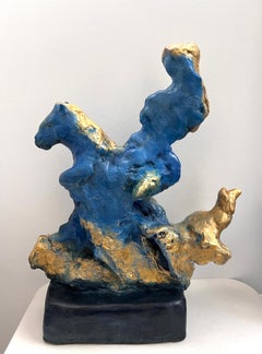 One-of-a-kind Blue and Gold Sculpture of a Horse Rider Girl with Golden Hair