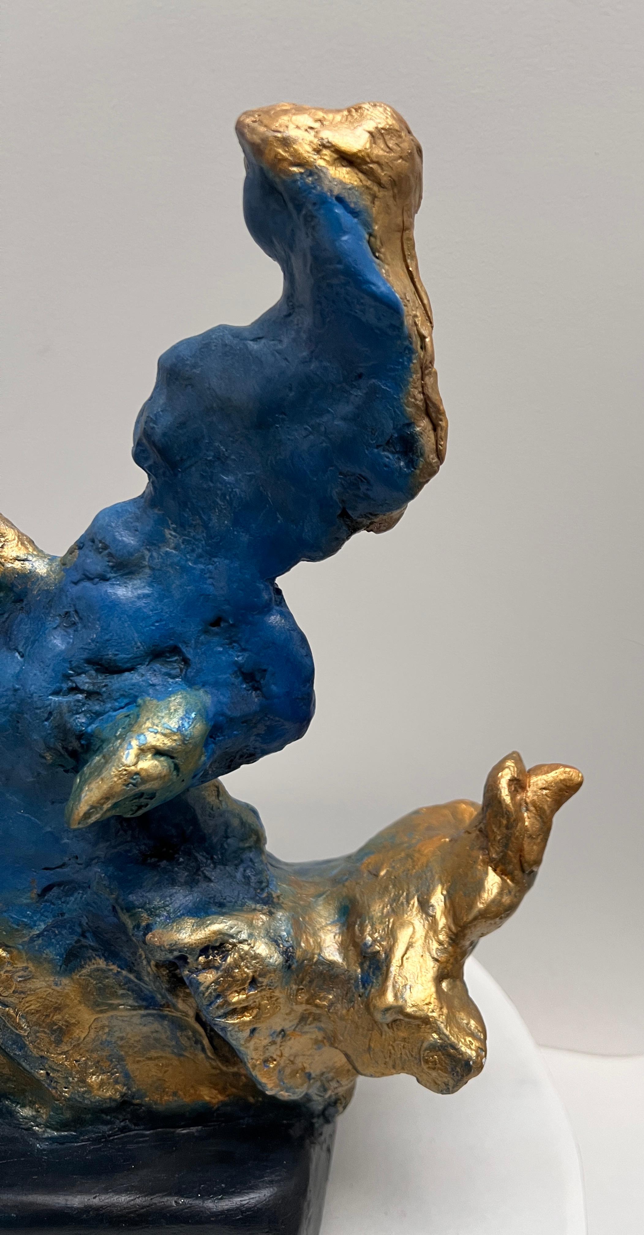 Modern One-of-a-kind Blue and Gold Sculpture of a Horse Rider Girl with Golden Hair For Sale