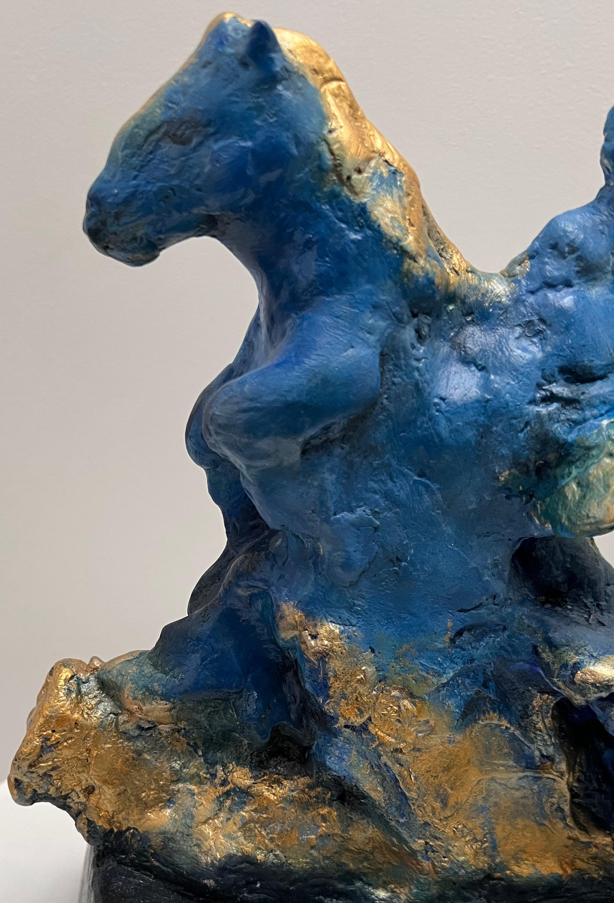 British One-of-a-kind Blue and Gold Sculpture of a Horse Rider Girl with Golden Hair For Sale