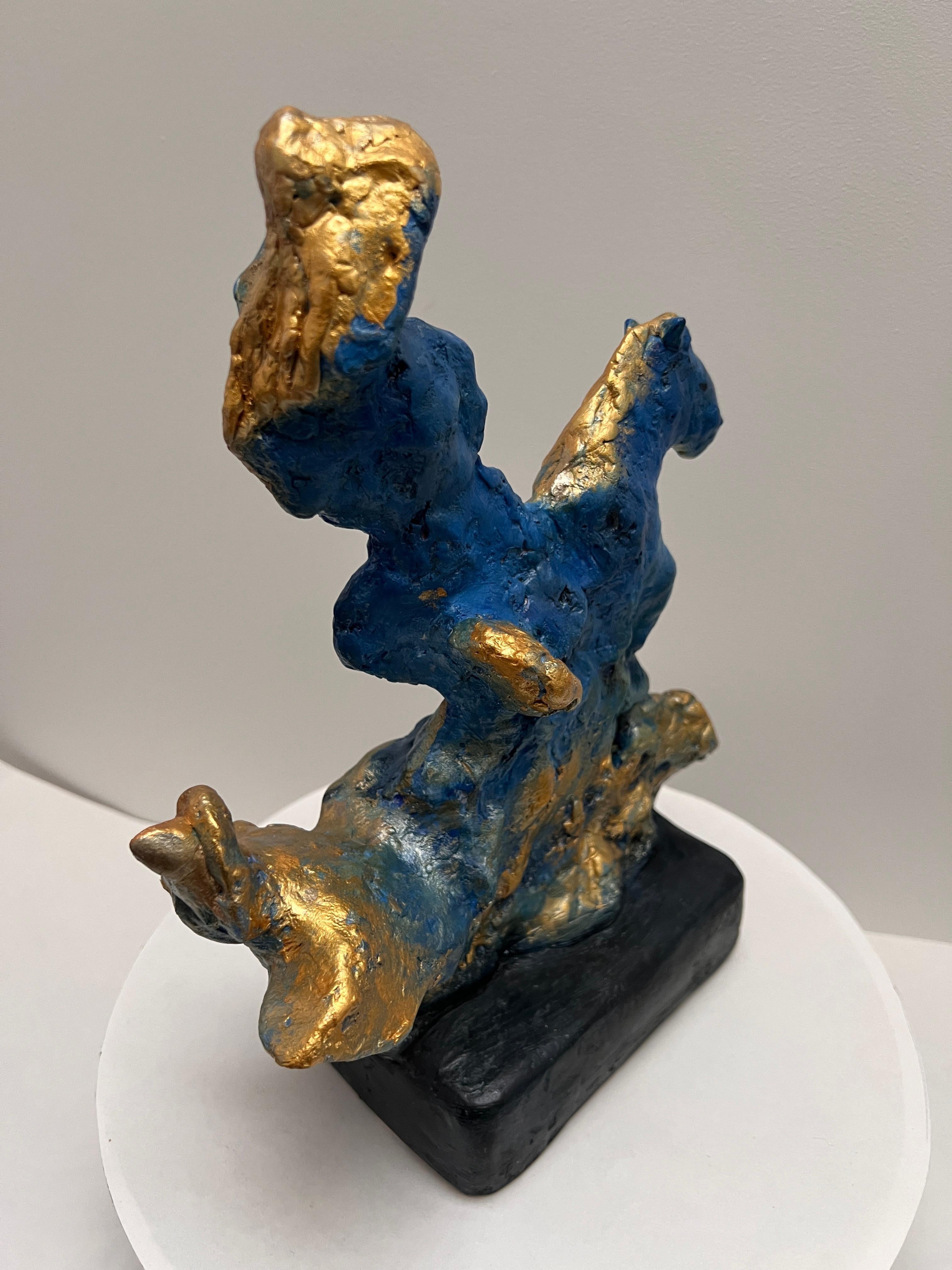 Hand-Crafted One-of-a-kind Blue and Gold Sculpture of a Horse Rider Girl with Golden Hair For Sale