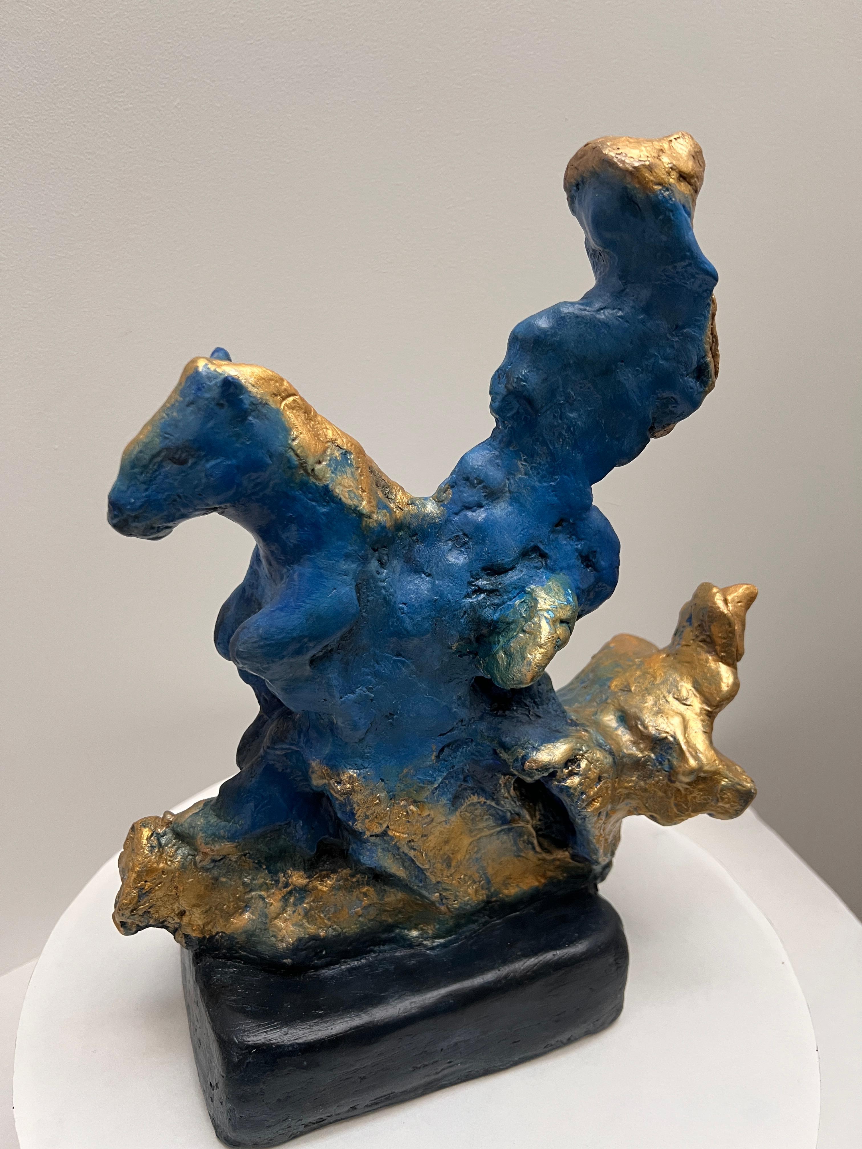 One-of-a-kind Blue and Gold Sculpture of a Horse Rider Girl with Golden Hair In New Condition For Sale In London, GB