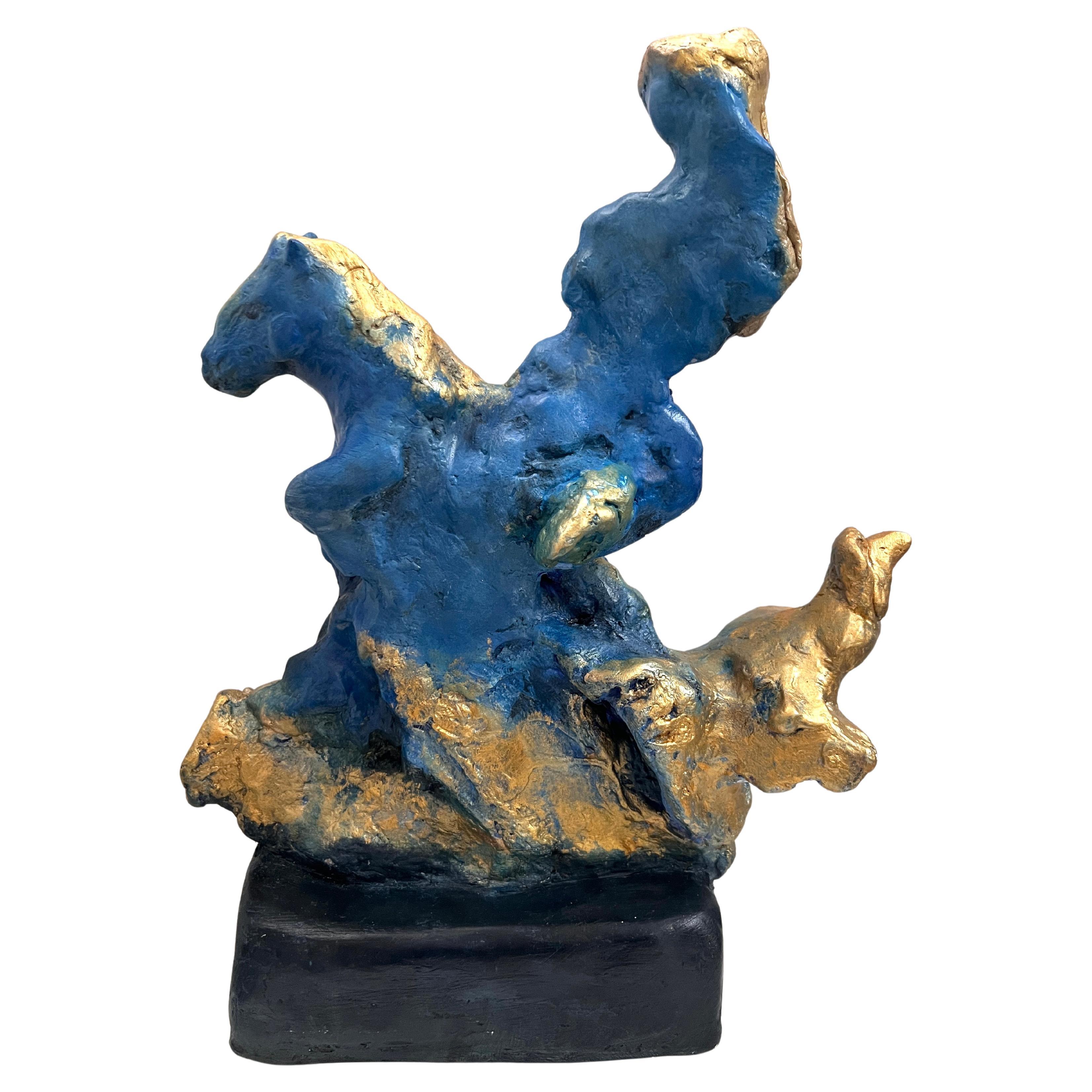One-of-a-kind Blue and Gold Sculpture of a Horse Rider Girl with Golden Hair