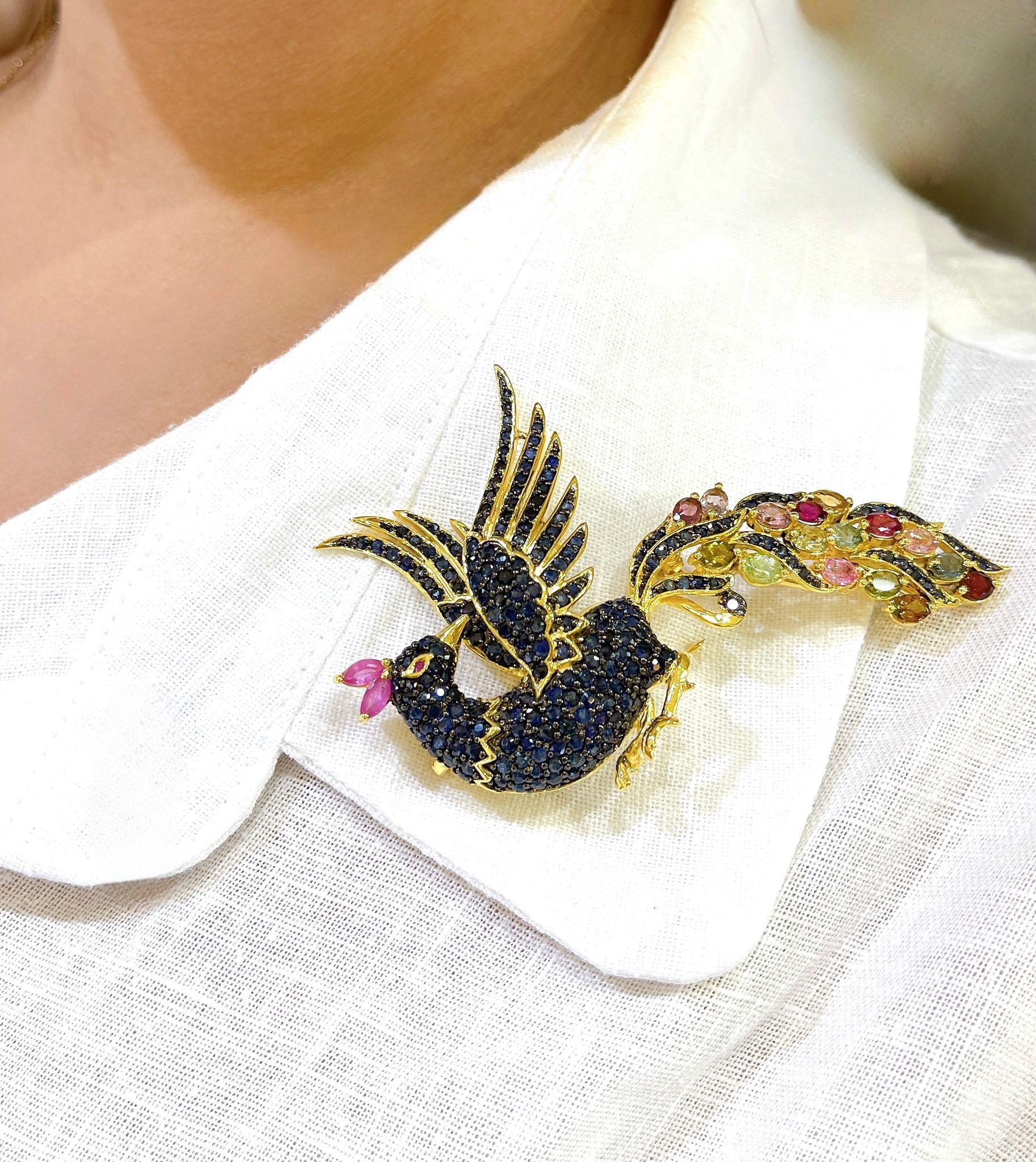 One of a kind Bochic “Orient” Peacock  Ruby, Multi Sapphires & Tsavorite Brooch For Sale 4