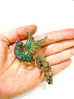 One of a kind Bochic “Orient” Peacock  Ruby, Multi Sapphires & Tsavorite Brooch