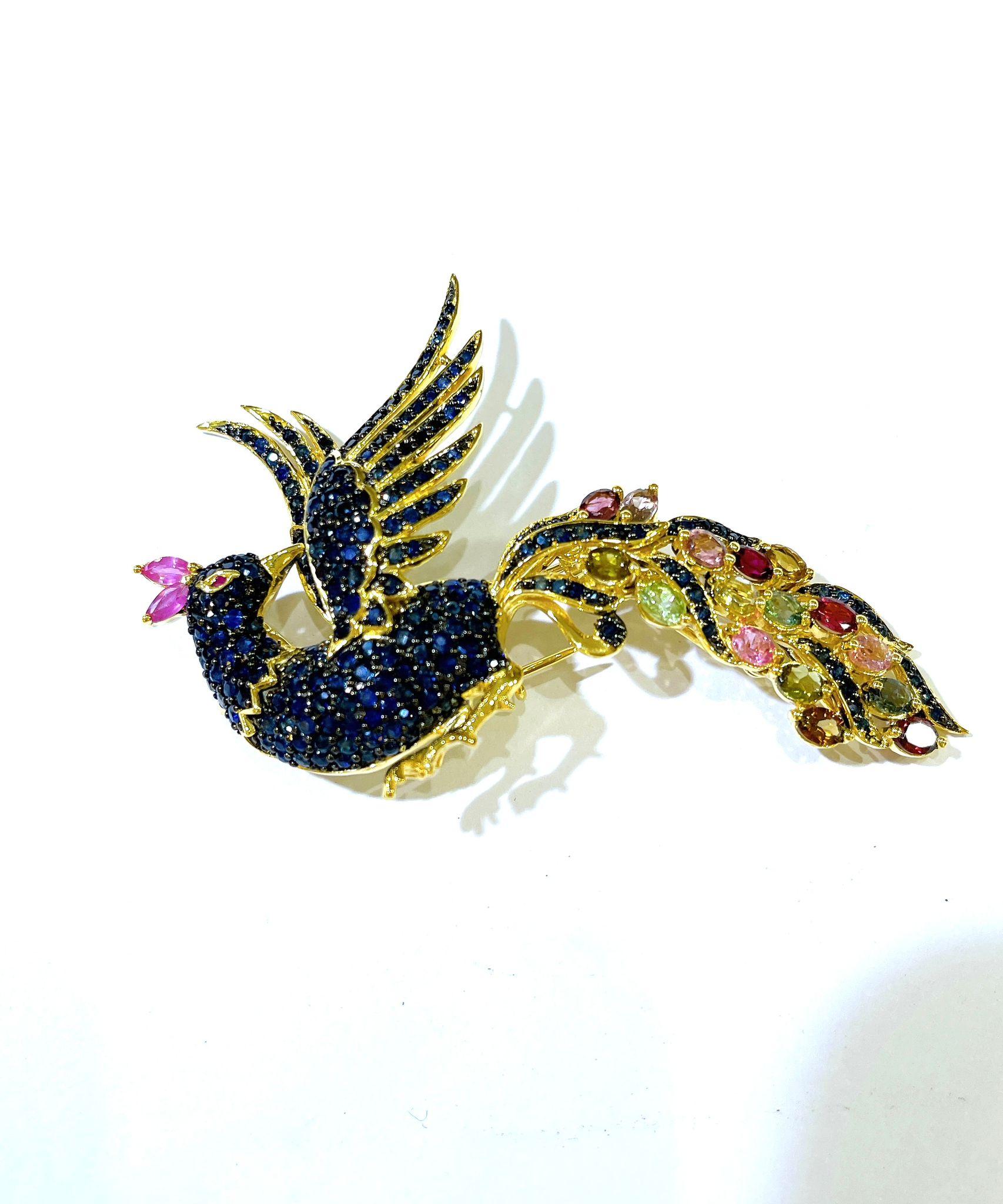 Belle Époque One of a kind Bochic “Orient” Peacock  Ruby, Multi Sapphires & Tsavorite Brooch For Sale