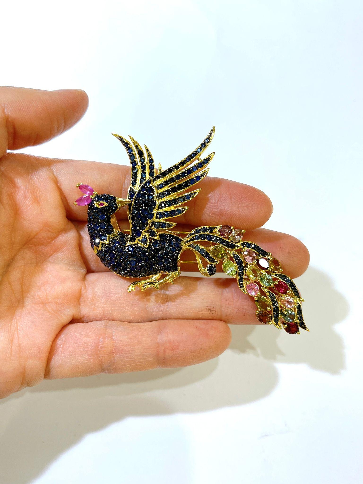 Brilliant Cut One of a kind Bochic “Orient” Peacock  Ruby, Multi Sapphires & Tsavorite Brooch For Sale