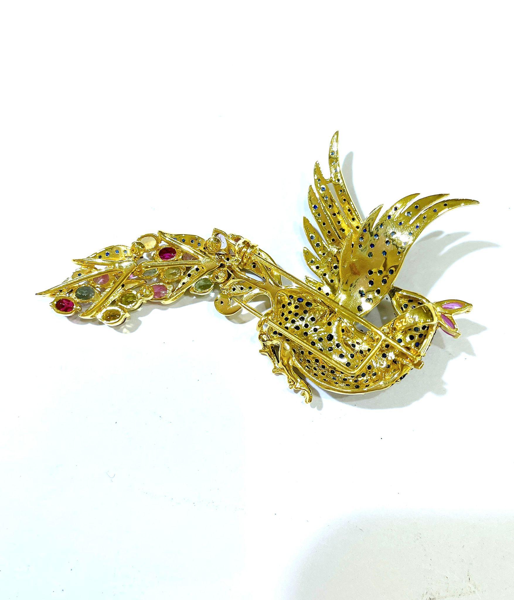 One of a kind Bochic “Orient” Peacock  Ruby, Multi Sapphires & Tsavorite Brooch For Sale 3