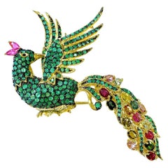 One of a kind Bochic “Orient” Peacock  Ruby, Multi Sapphires & Tsavorite Brooch