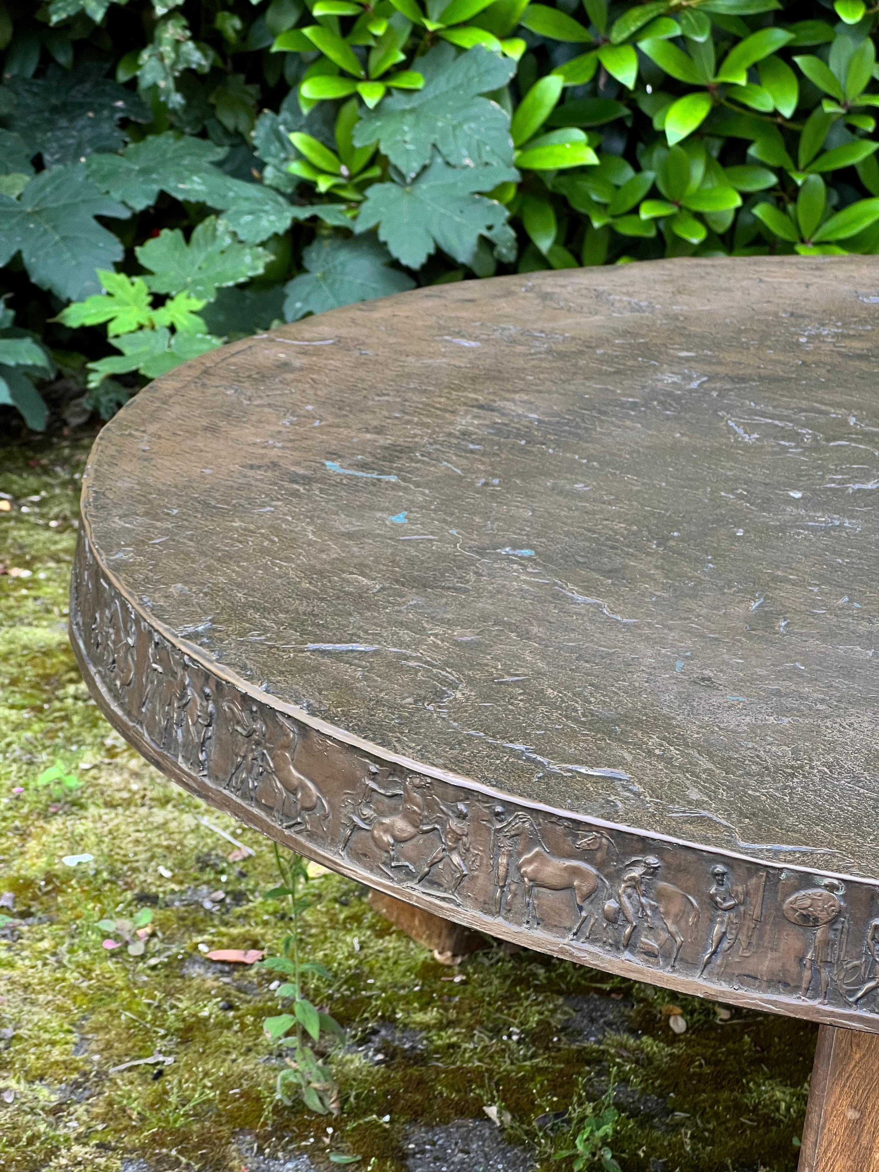 Art Deco One of a kind Bronze and oak brutalist Swedish Grace round coffee table 1940's