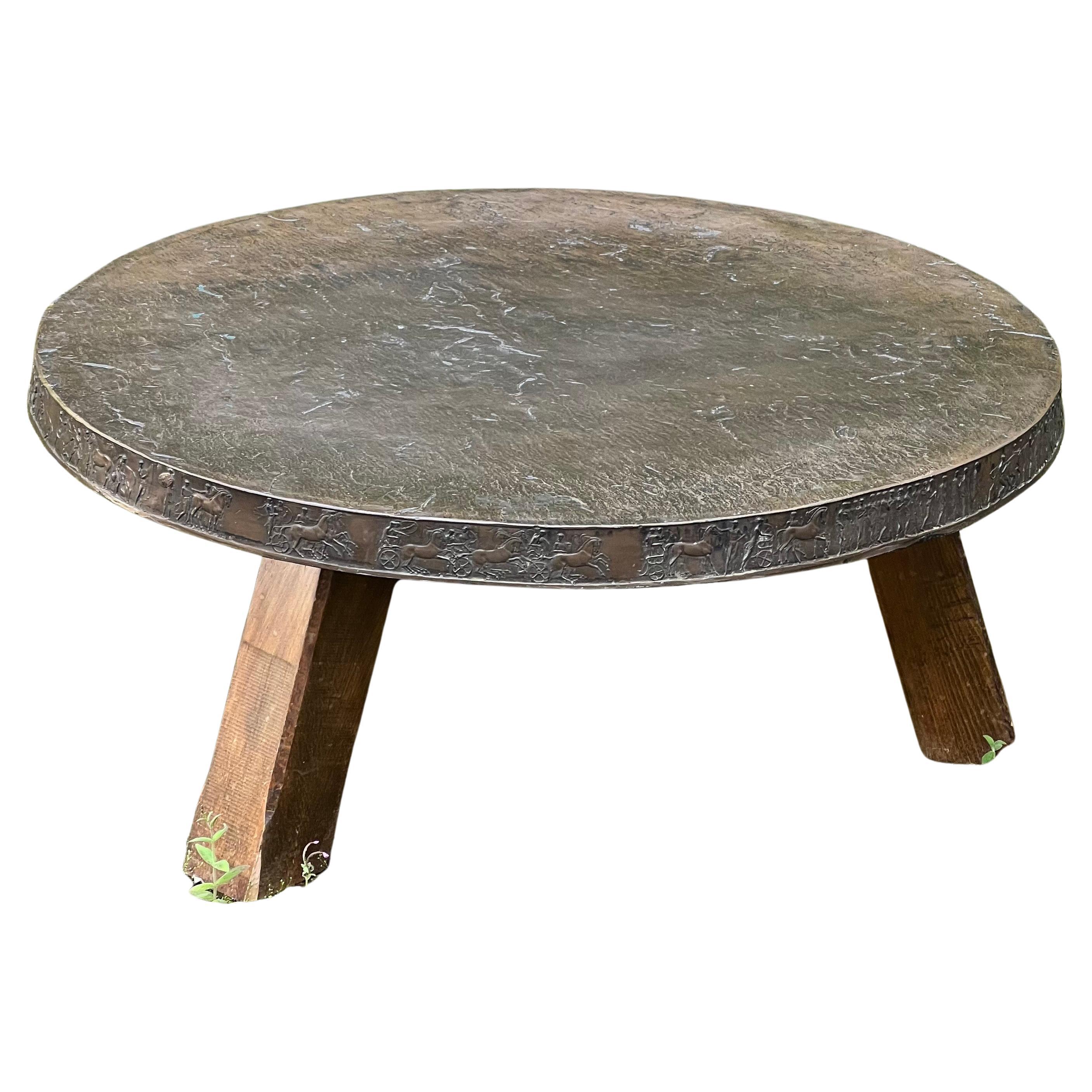 One of a kind Bronze and oak brutalist Swedish Grace round coffee table 1940's