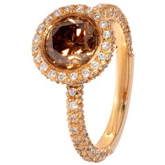 1.68 carat One of a Kind Brown and White Diamond Halo Ring Set in Rose 18k Gold