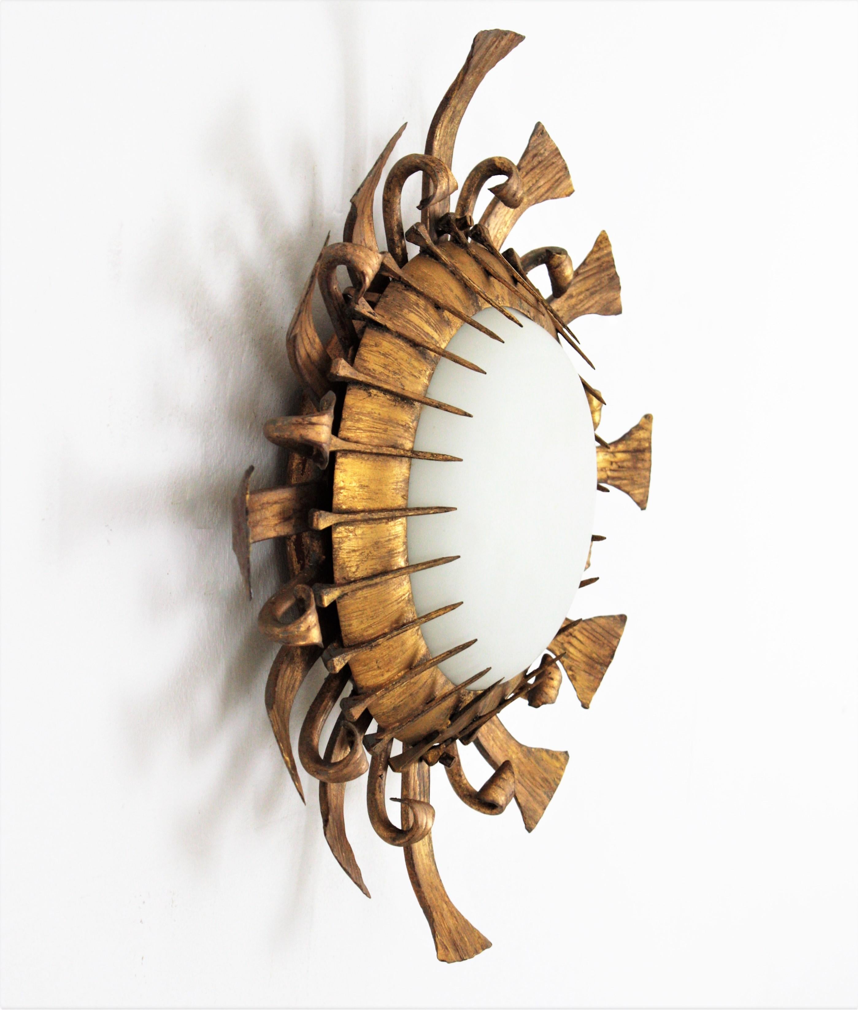 One of a kind Brutalist Sunburst Flushmount with Nails Accents in Gilt Iron 4