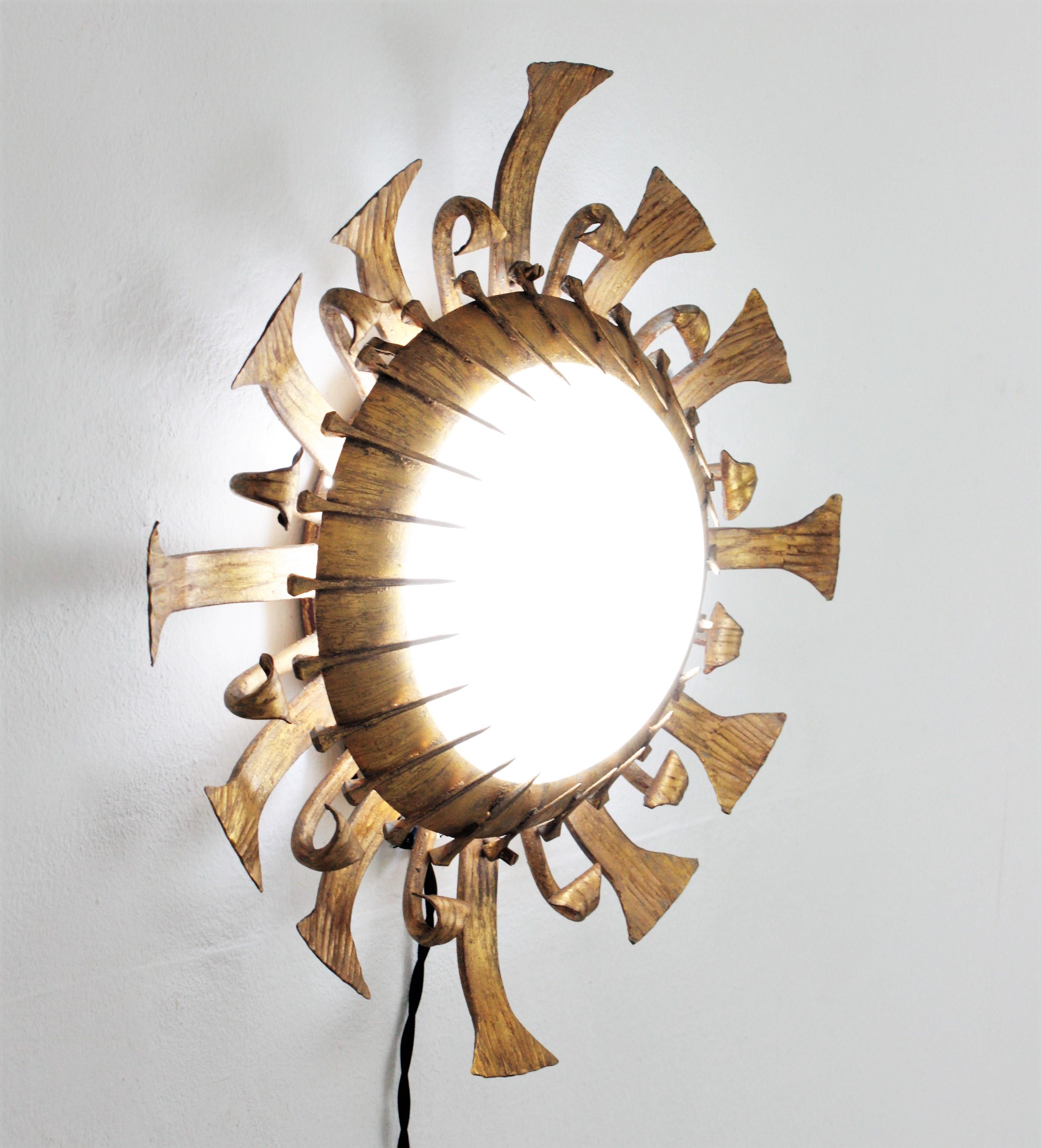 One of a kind Brutalist Sunburst Flushmount with Nails Accents in Gilt Iron 5