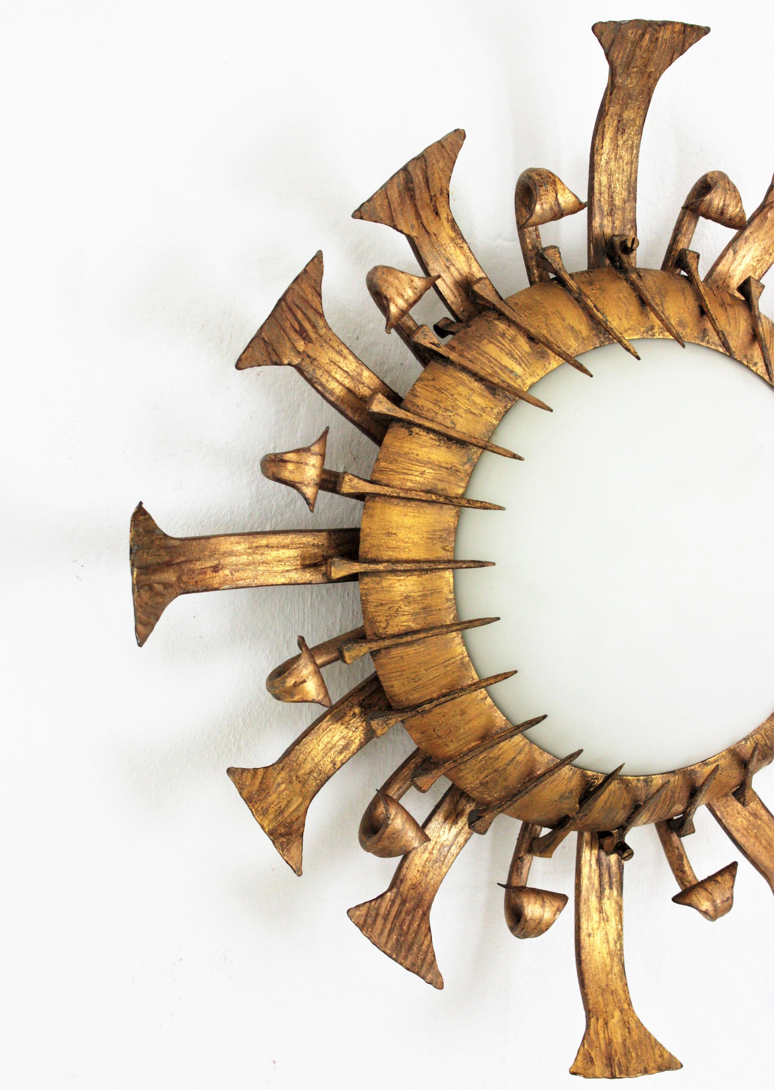 One of a kind Brutalist Sunburst Flushmount with Nails Accents in Gilt Iron 6