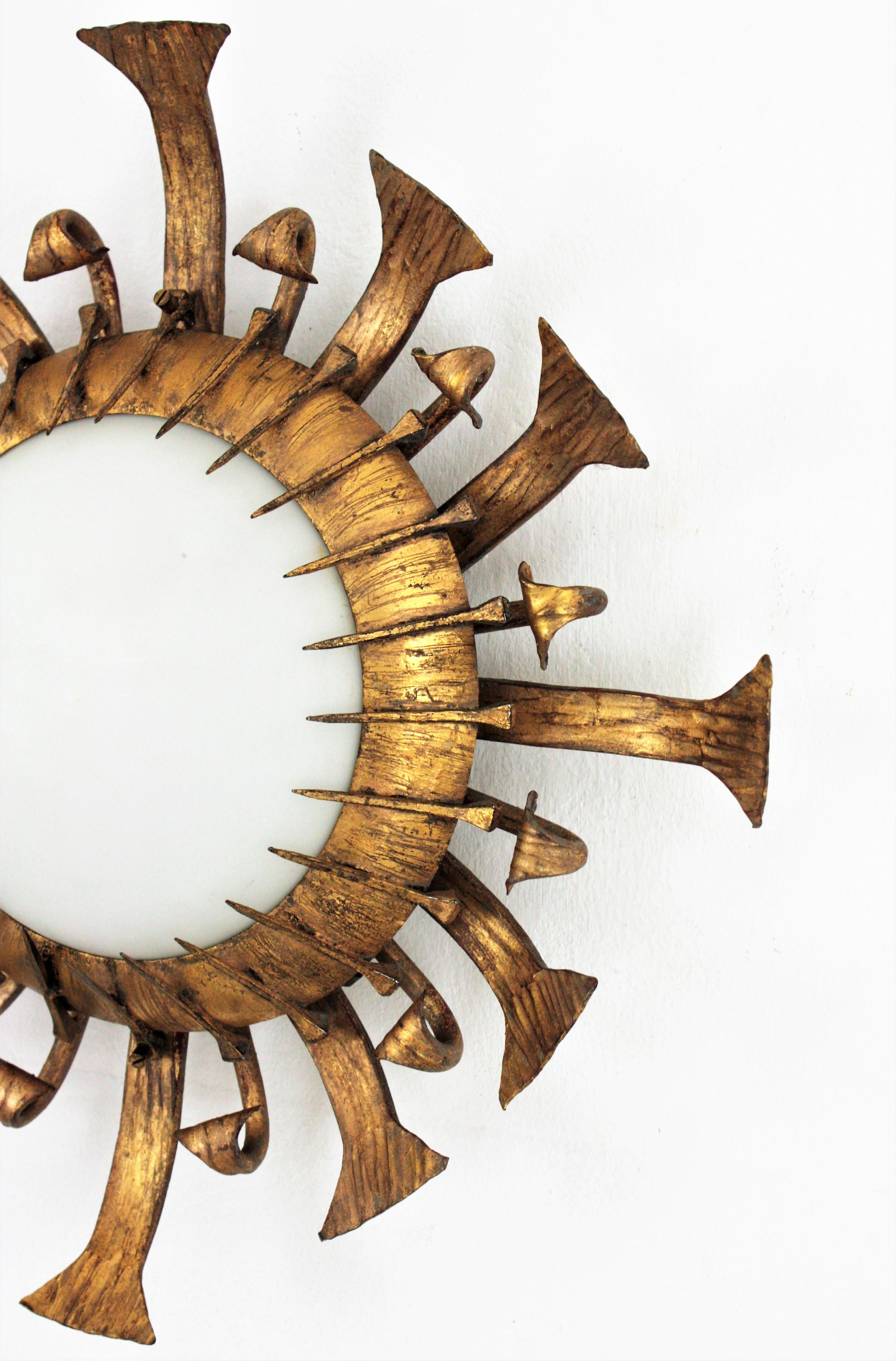 One of a kind Brutalist Sunburst Flushmount with Nails Accents in Gilt Iron 7