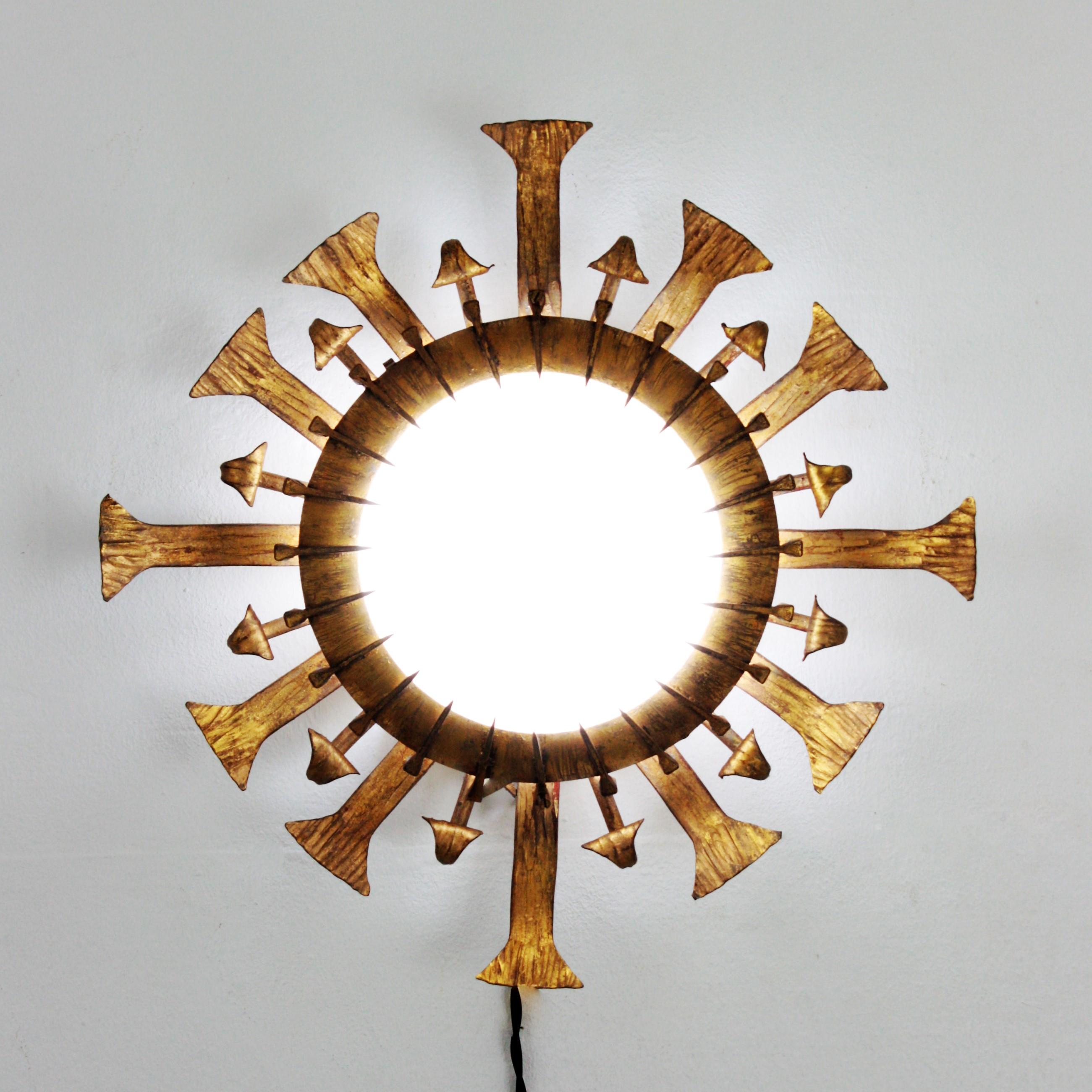 One of a kind Brutalist Sunburst Flushmount with Nails Accents in Gilt Iron 8
