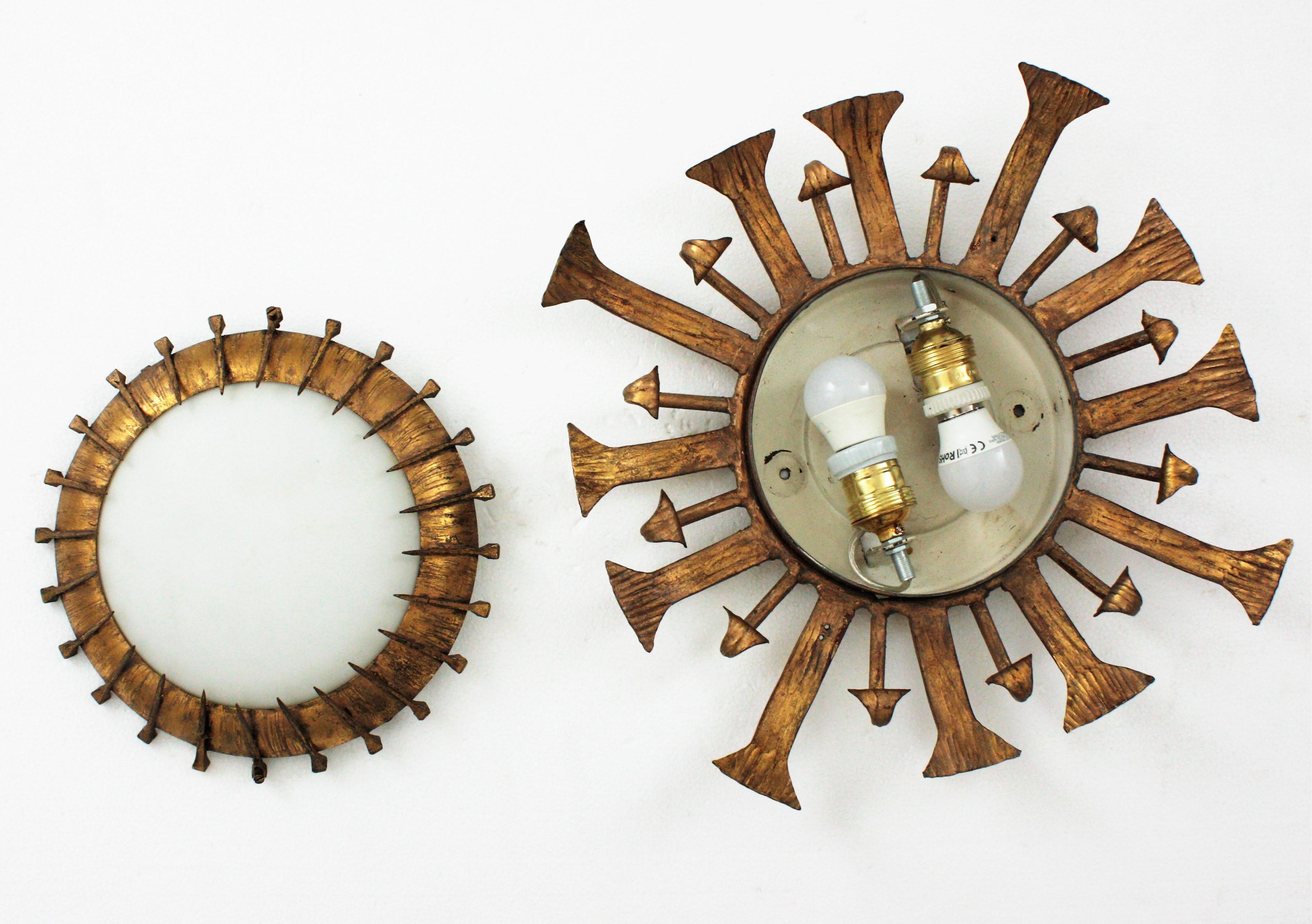One of a kind Brutalist Sunburst Flushmount with Nails Accents in Gilt Iron 9