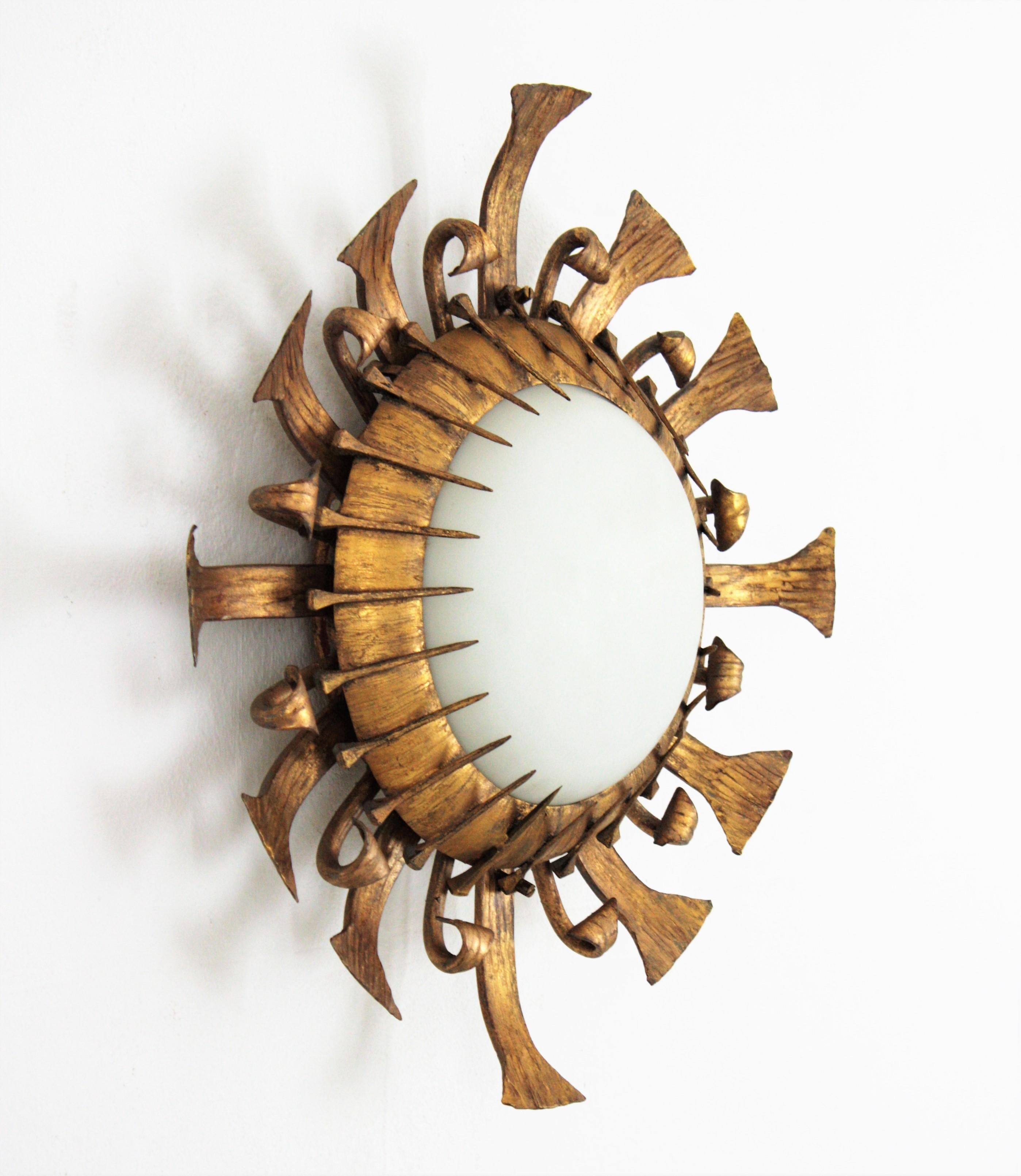 One of a kind Brutalist Sunburst Flushmount with Nails Accents in Gilt Iron 10