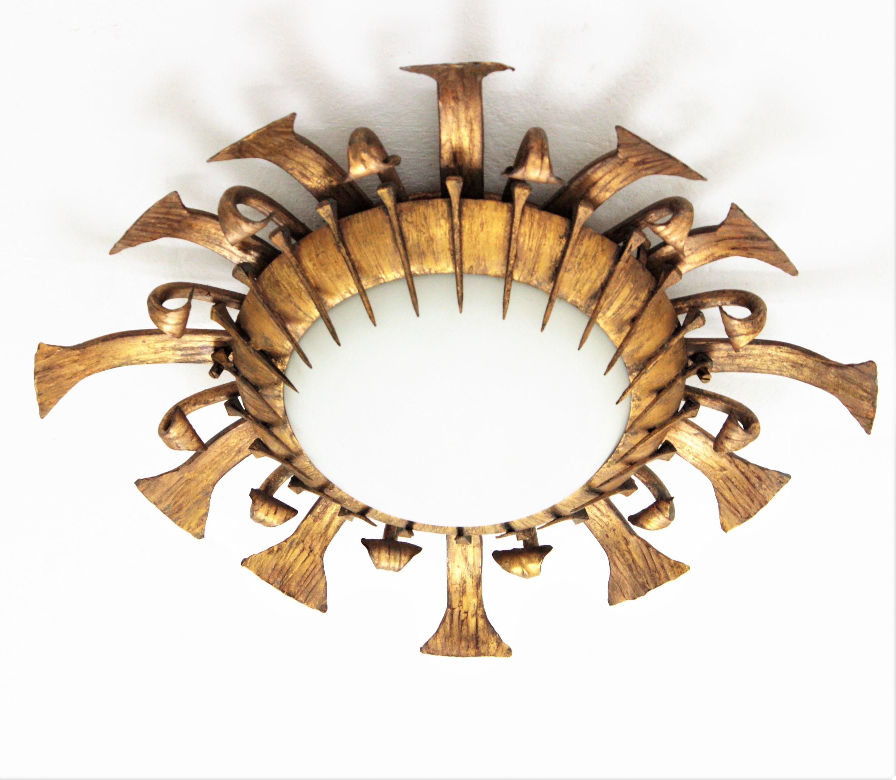 French One of a kind Brutalist Sunburst Flushmount with Nails Accents in Gilt Iron