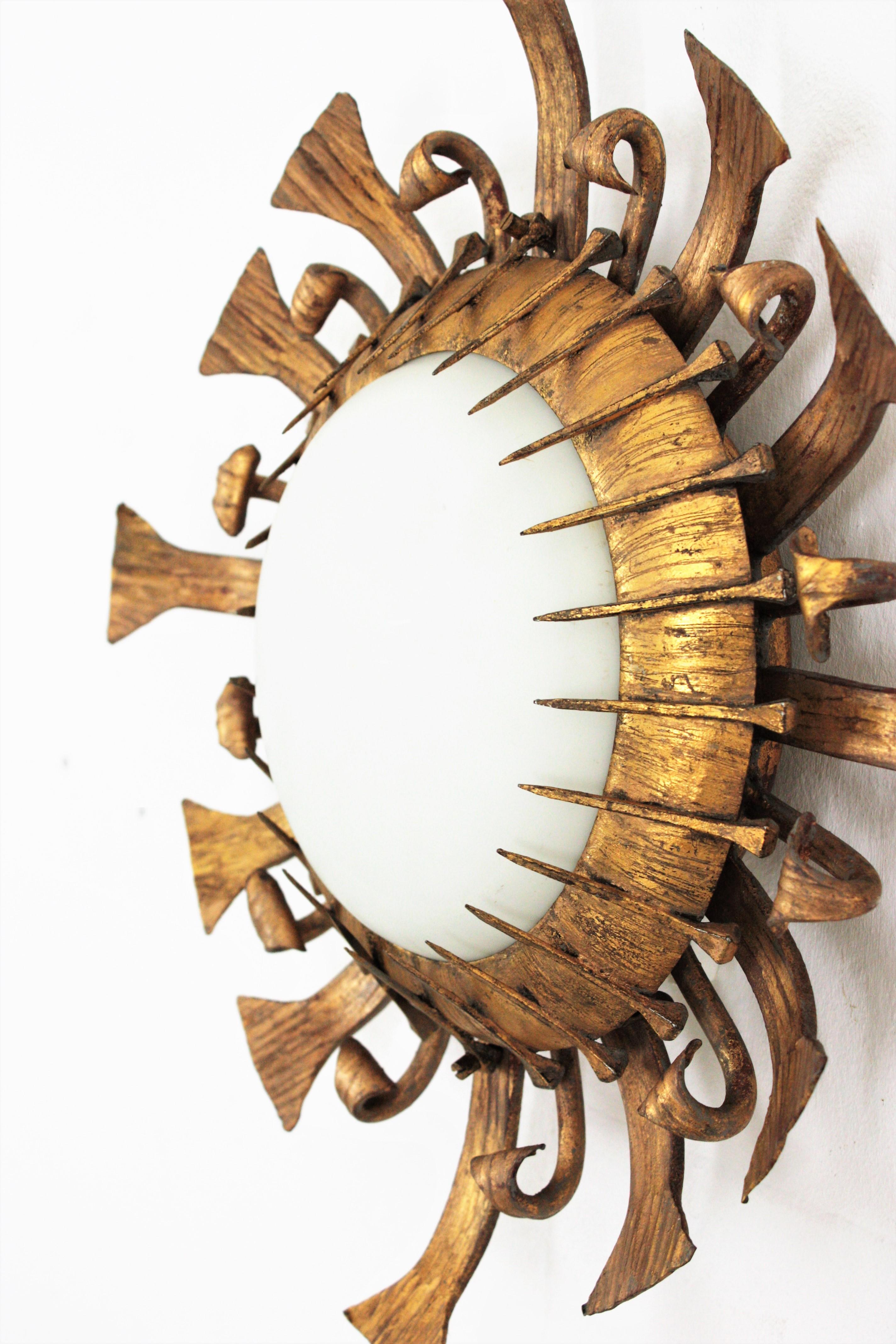 20th Century One of a kind Brutalist Sunburst Flushmount with Nails Accents in Gilt Iron