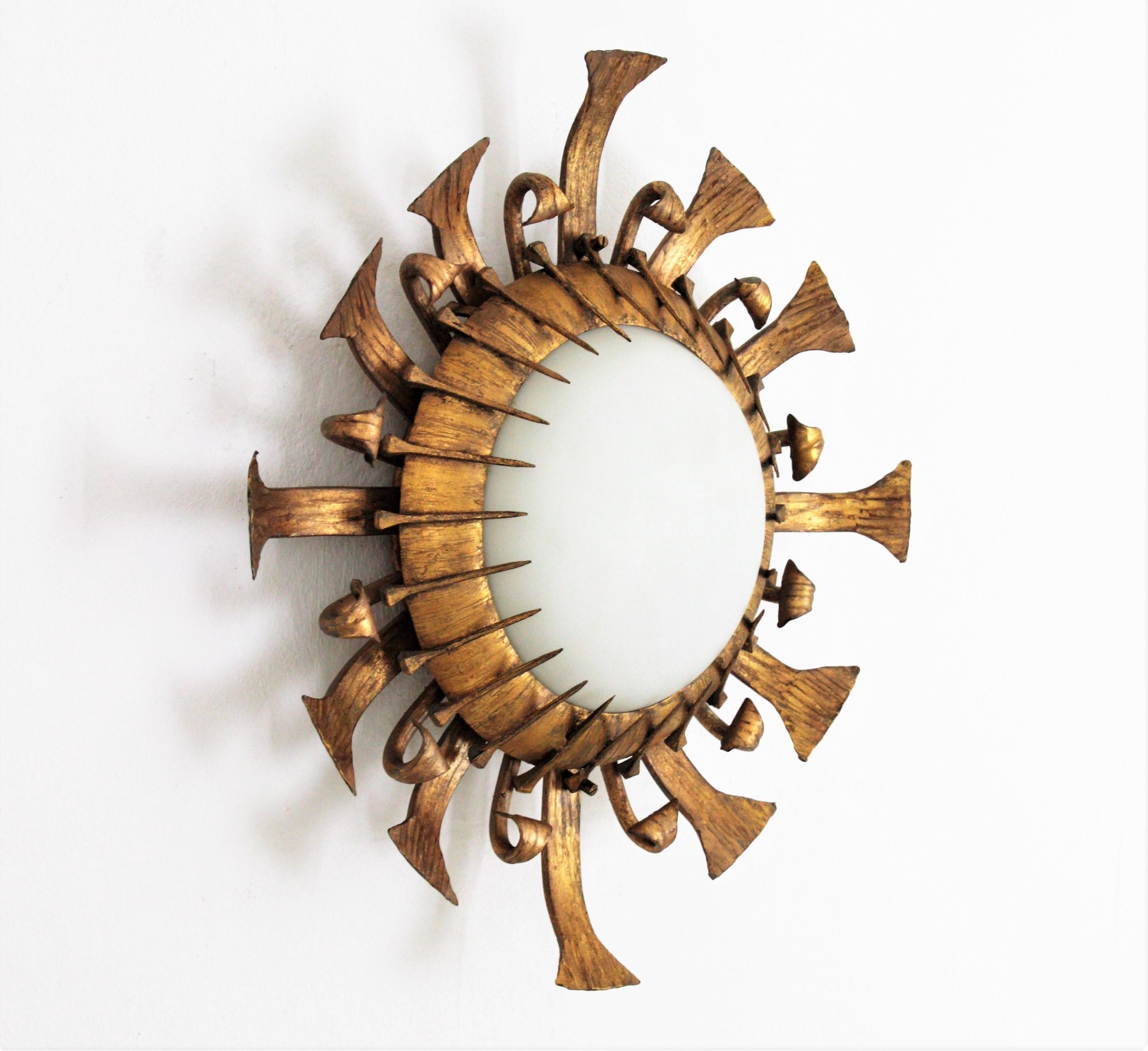 Wrought Iron One of a kind Brutalist Sunburst Flushmount with Nails Accents in Gilt Iron