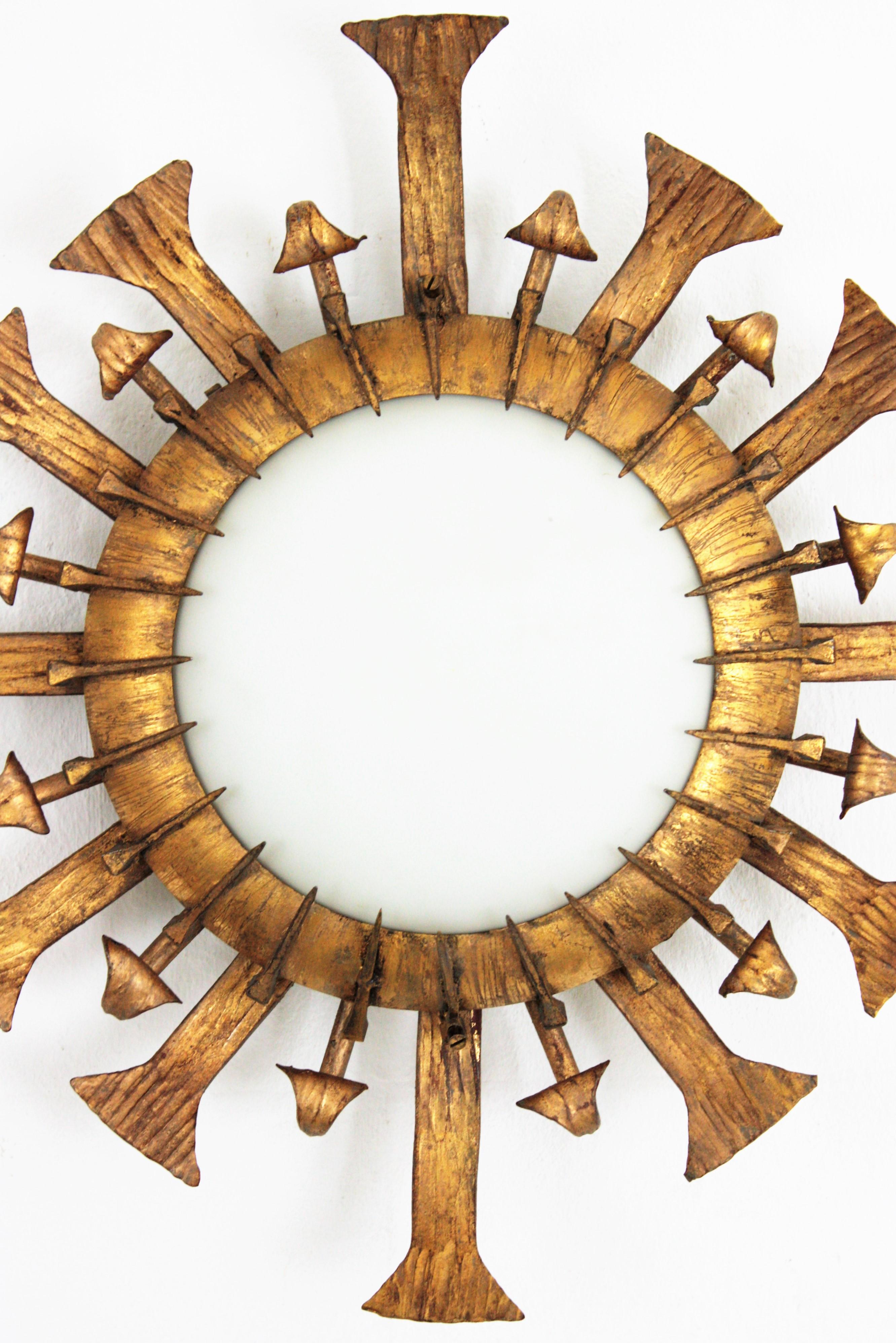 One of a kind Brutalist Sunburst Flushmount with Nails Accents in Gilt Iron 1