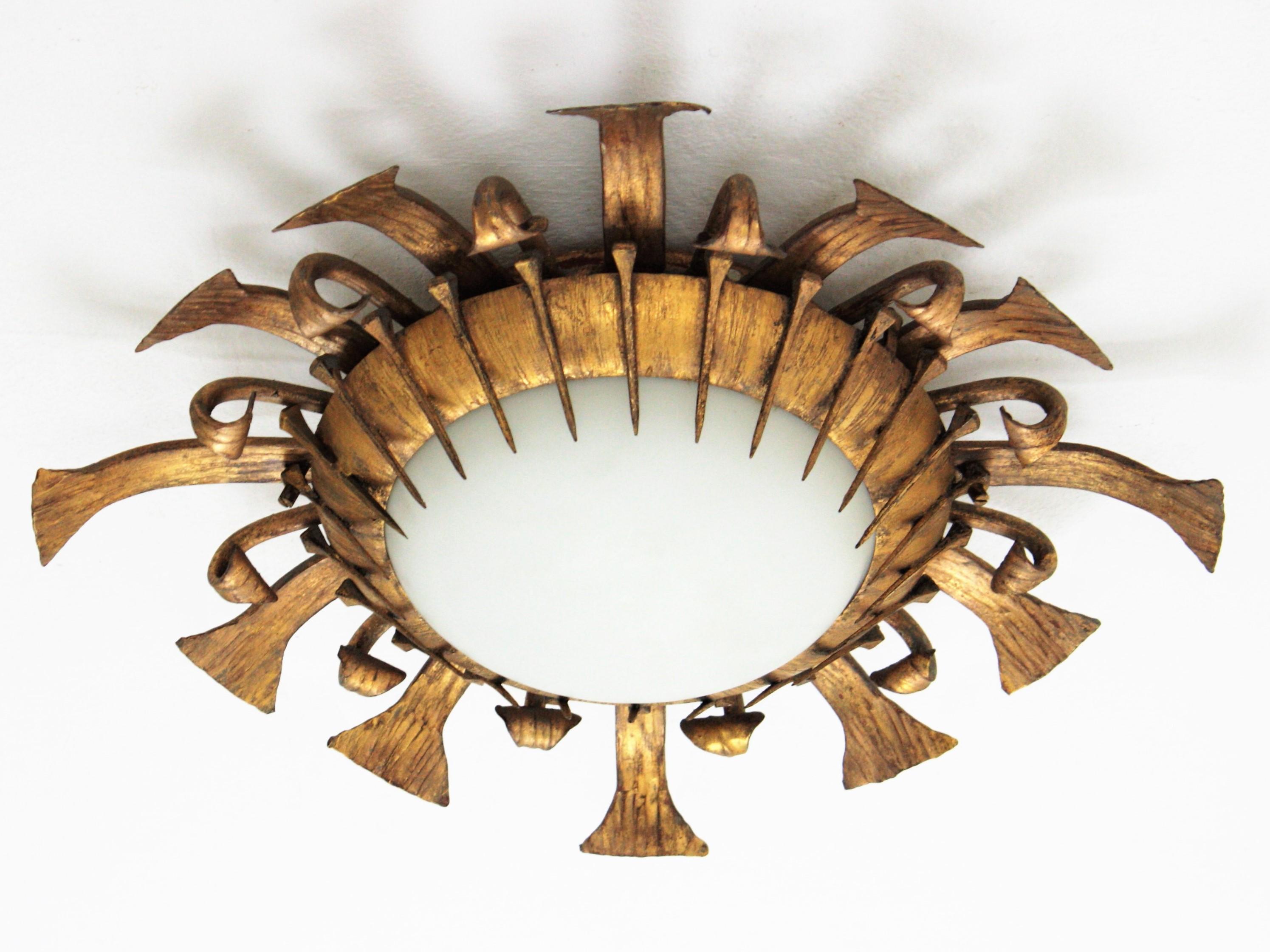 One of a kind Brutalist Sunburst Flushmount with Nails Accents in Gilt Iron 2