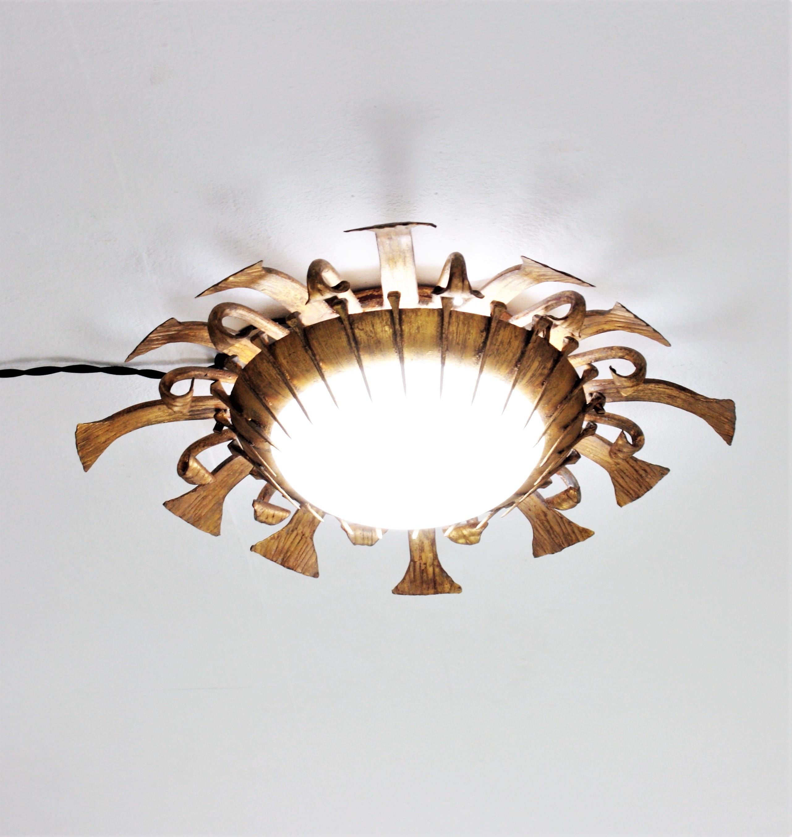 One of a kind Brutalist Sunburst Flushmount with Nails Accents in Gilt Iron 3