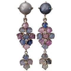 No-Heat Burma Star Sapphire Chandeliers Earrings Art Deco Style