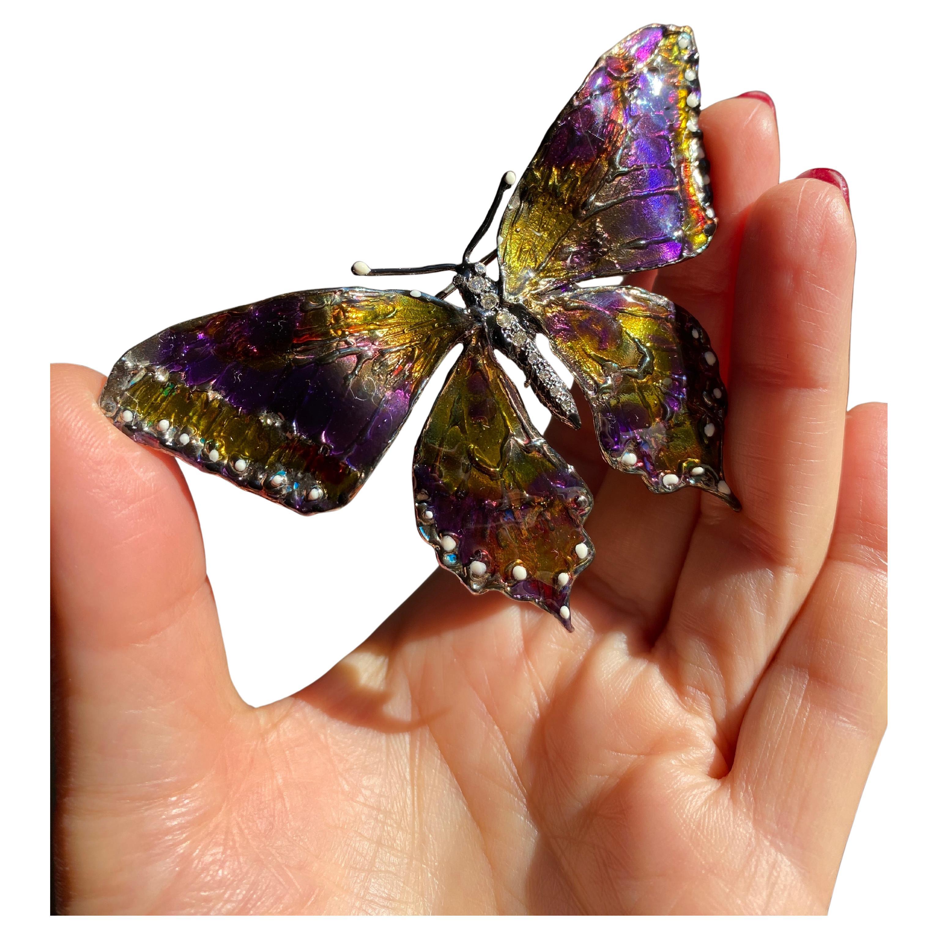One Of A Kind Butterfly Grey Diamonds Hand Painted Multicolor Enamel Brooch