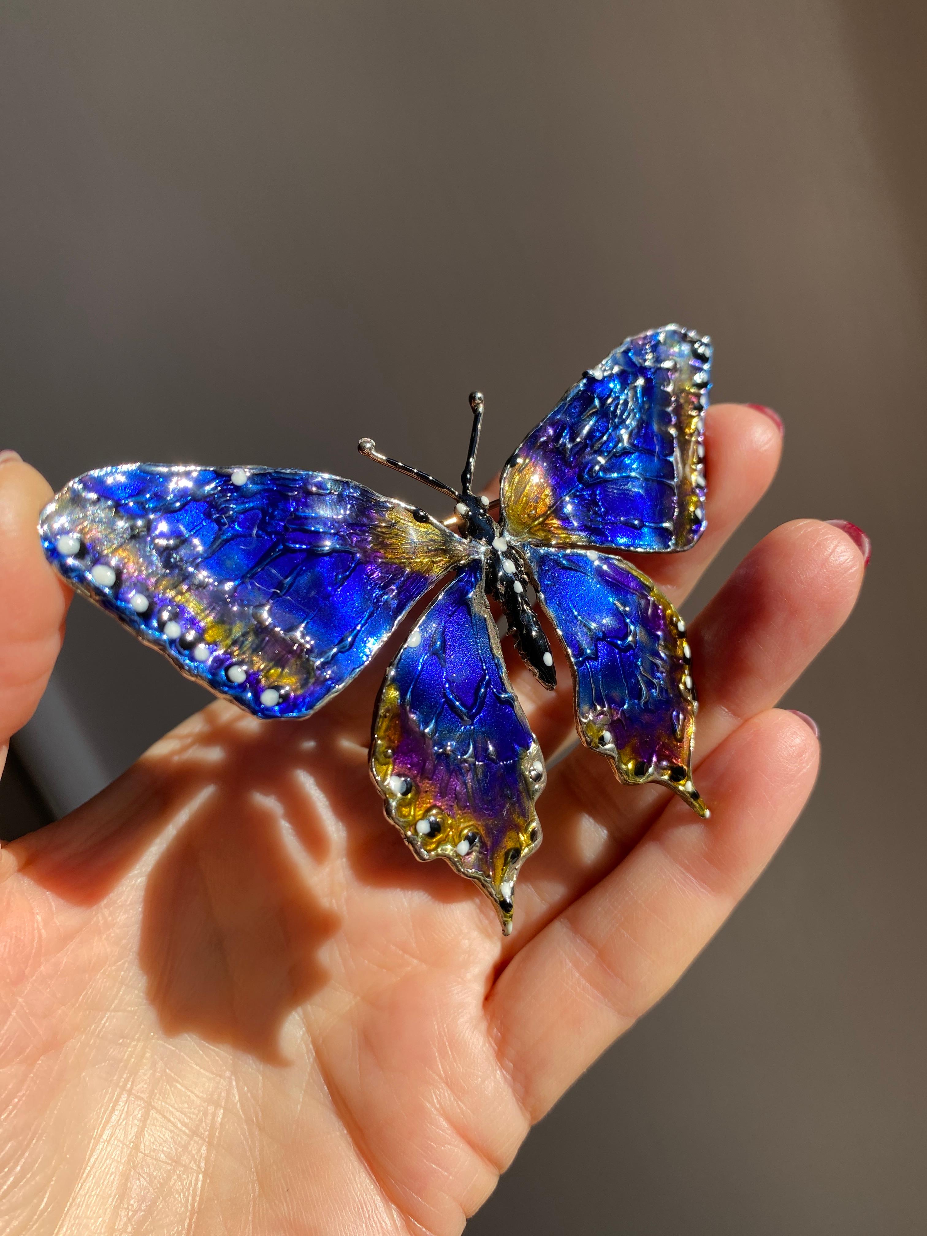 Modern One of A Kind Butterfly Hand Painted Blue Wings Enamel Brooch For Sale