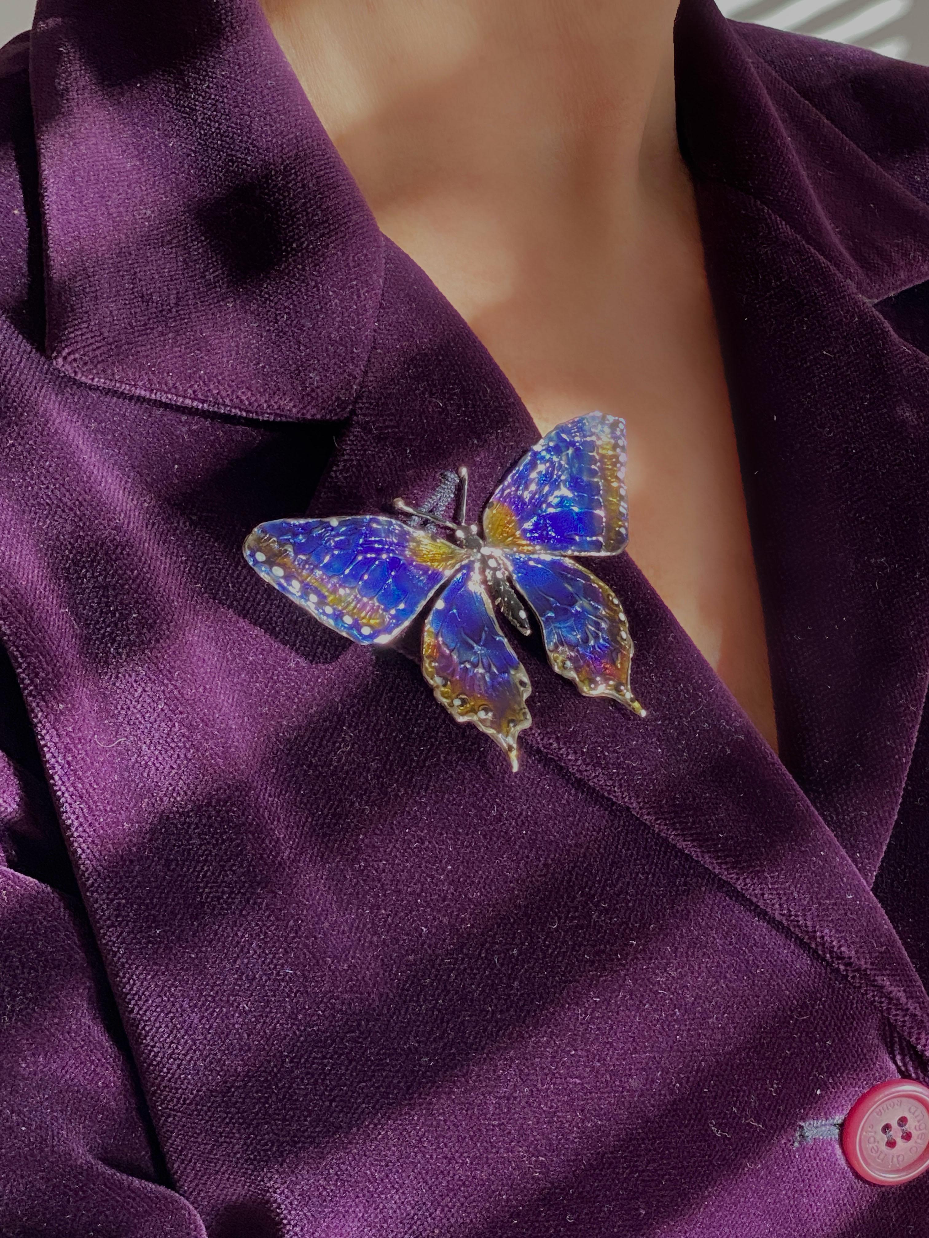 One of A Kind Butterfly Hand Painted Blue Wings Enamel Brooch For Sale 1