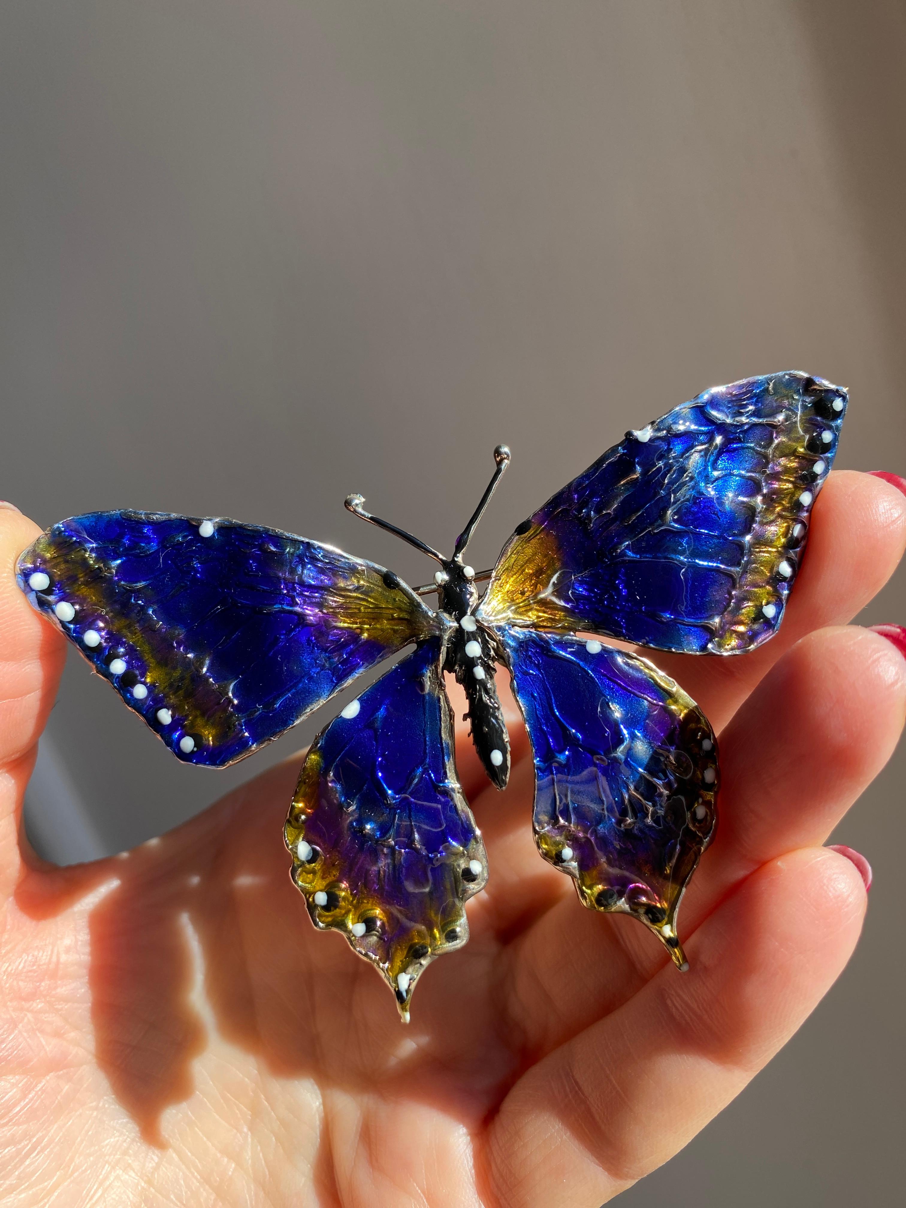 One of A Kind Butterfly Hand Painted Blue Wings Enamel Brooch For Sale 2