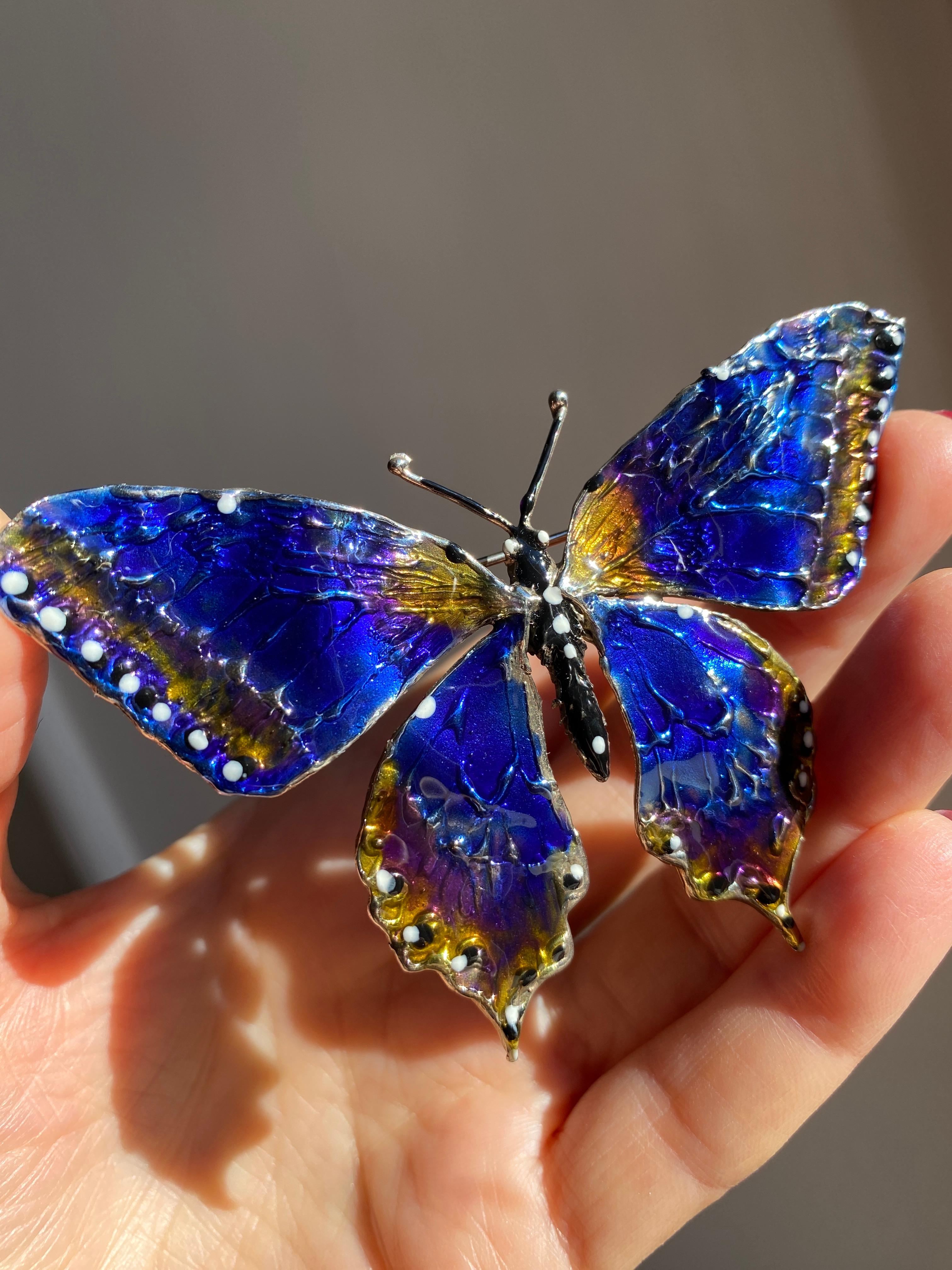One of A Kind Butterfly Hand Painted Blue Wings Enamel Brooch For Sale 3