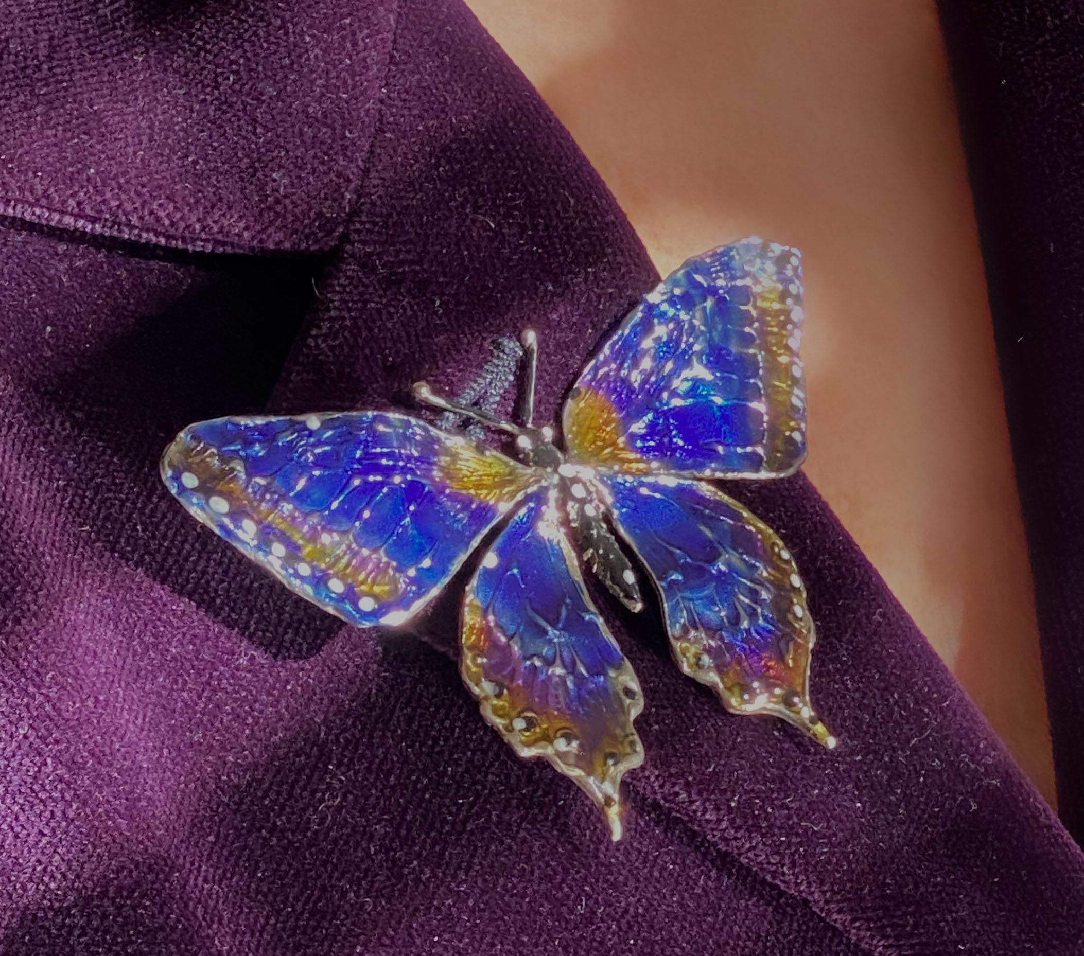 One of A Kind Butterfly Hand Painted Blue Wings Enamel Brooch For Sale 4