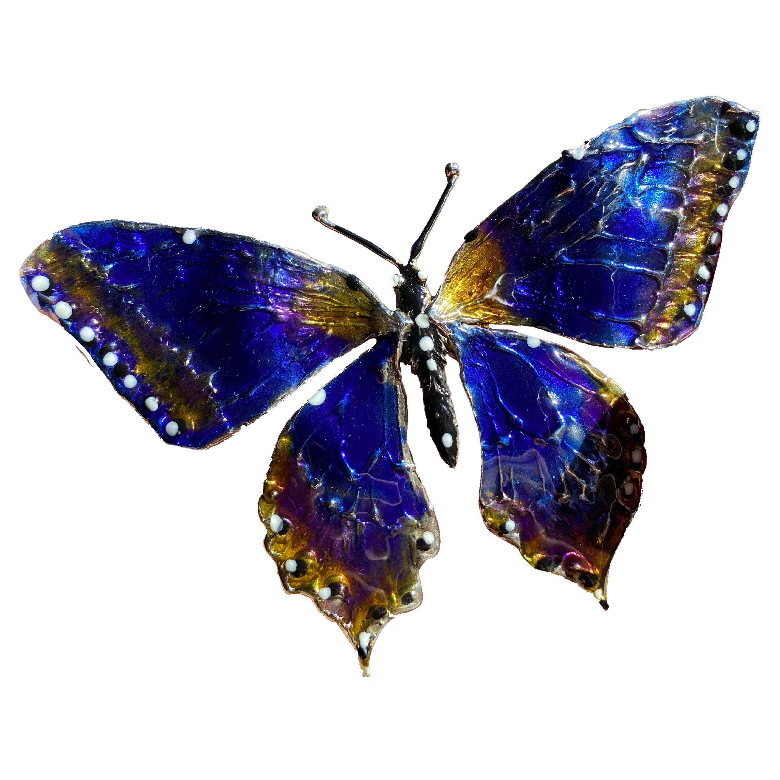 One of A Kind Butterfly Hand Painted Blue Wings Enamel Brooch For Sale
